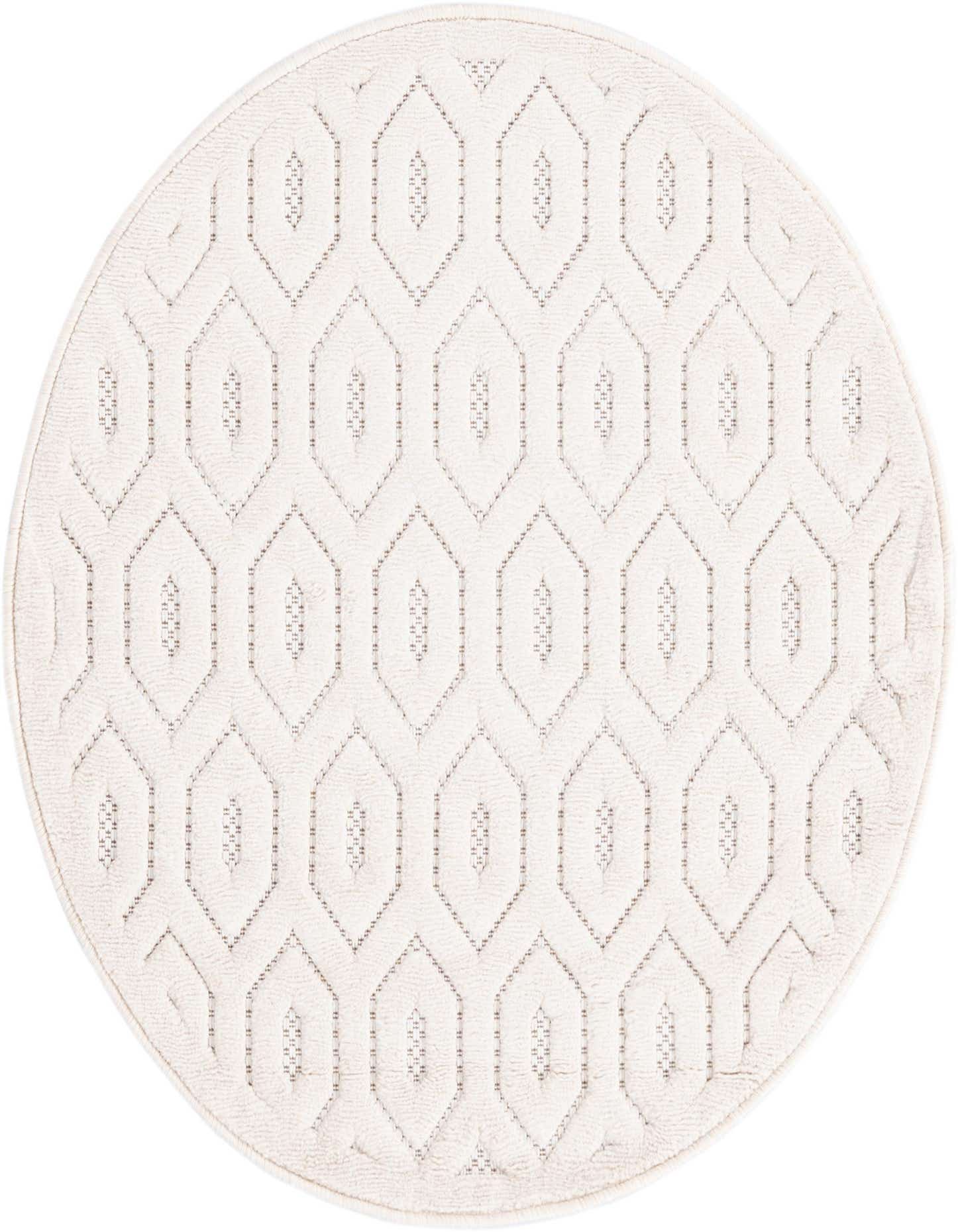 A 3' round ivory rug with a modern textured hexagonal pattern, suitable for indoor or outdoor use.