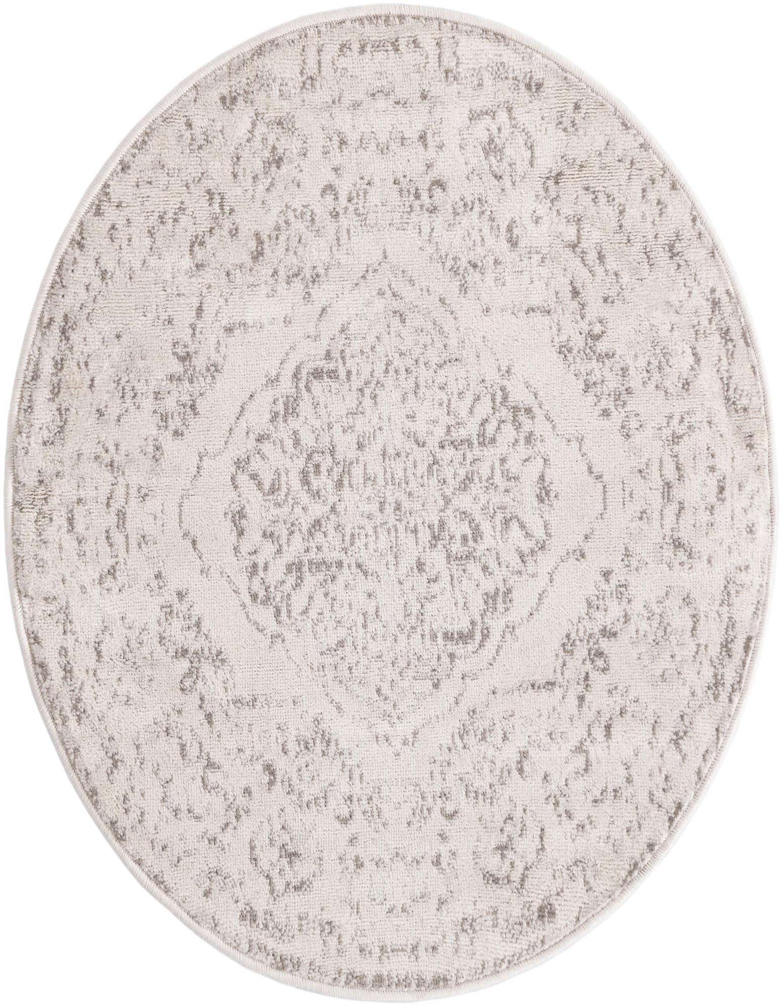 A 3' 0 x 3' 0 round ivory and cream rug with a faded traditional medallion pattern, suitable for an indoor living space.