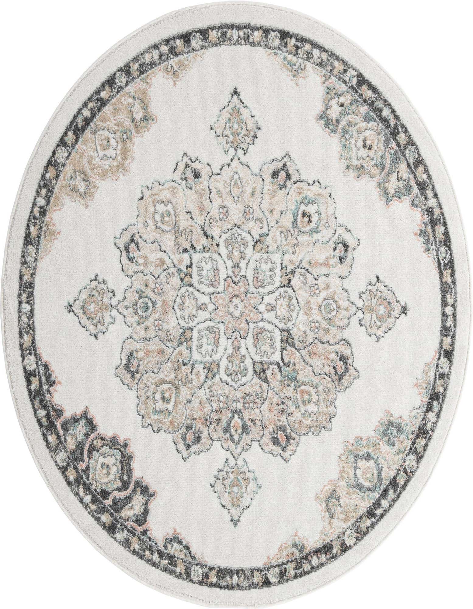 A 5' 0 round ivory traditional rug with a central medallion and border in muted tones of beige, grey, and light blue.