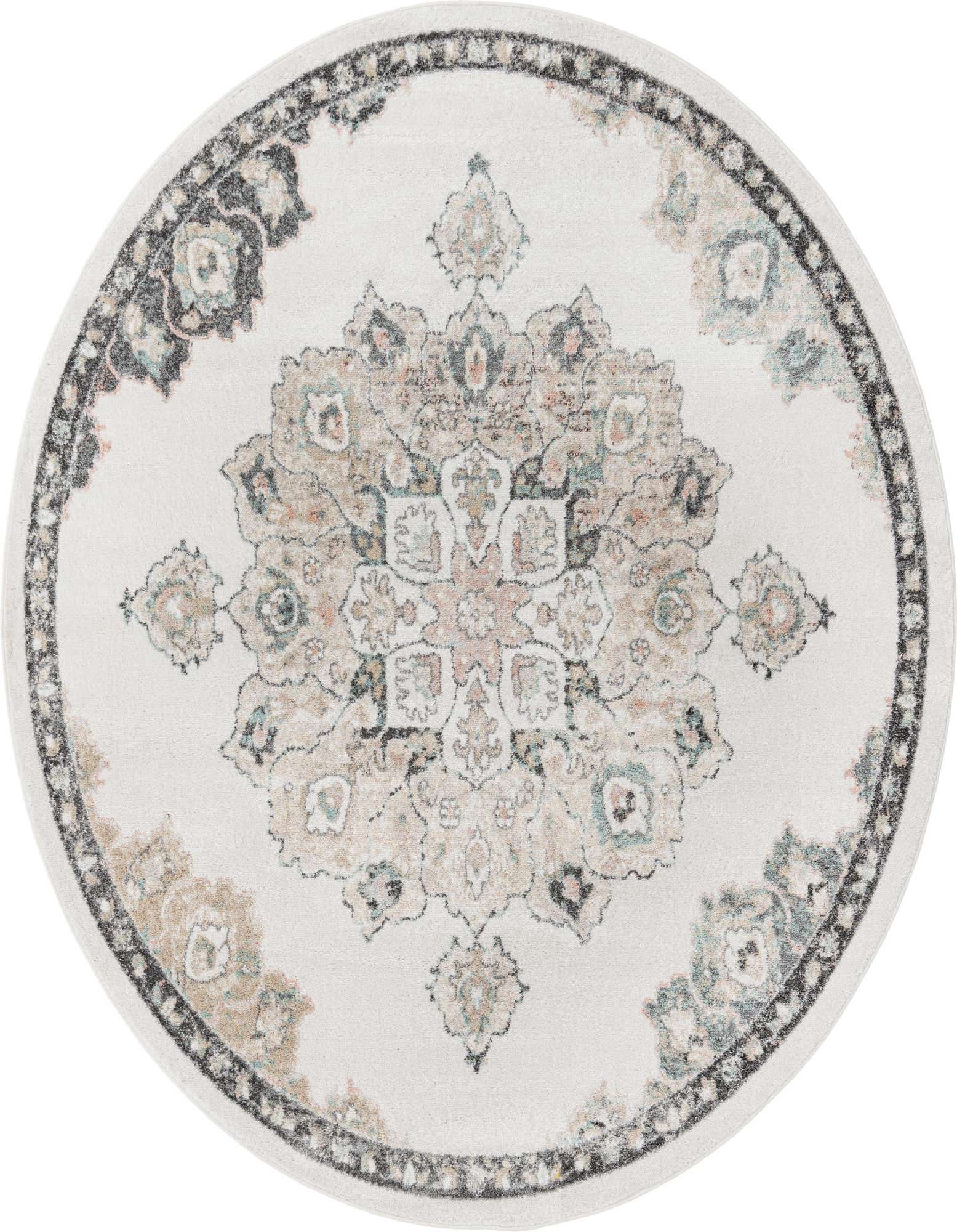 A round ivory and cream rug with a central medallion pattern in muted beige, blue, and black, featuring a thin pile.