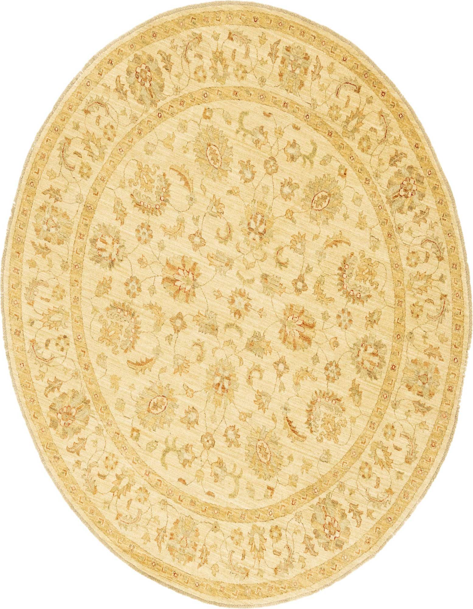 A round ivory and cream oriental rug with a detailed floral pattern and border, made of hand-spun wool.