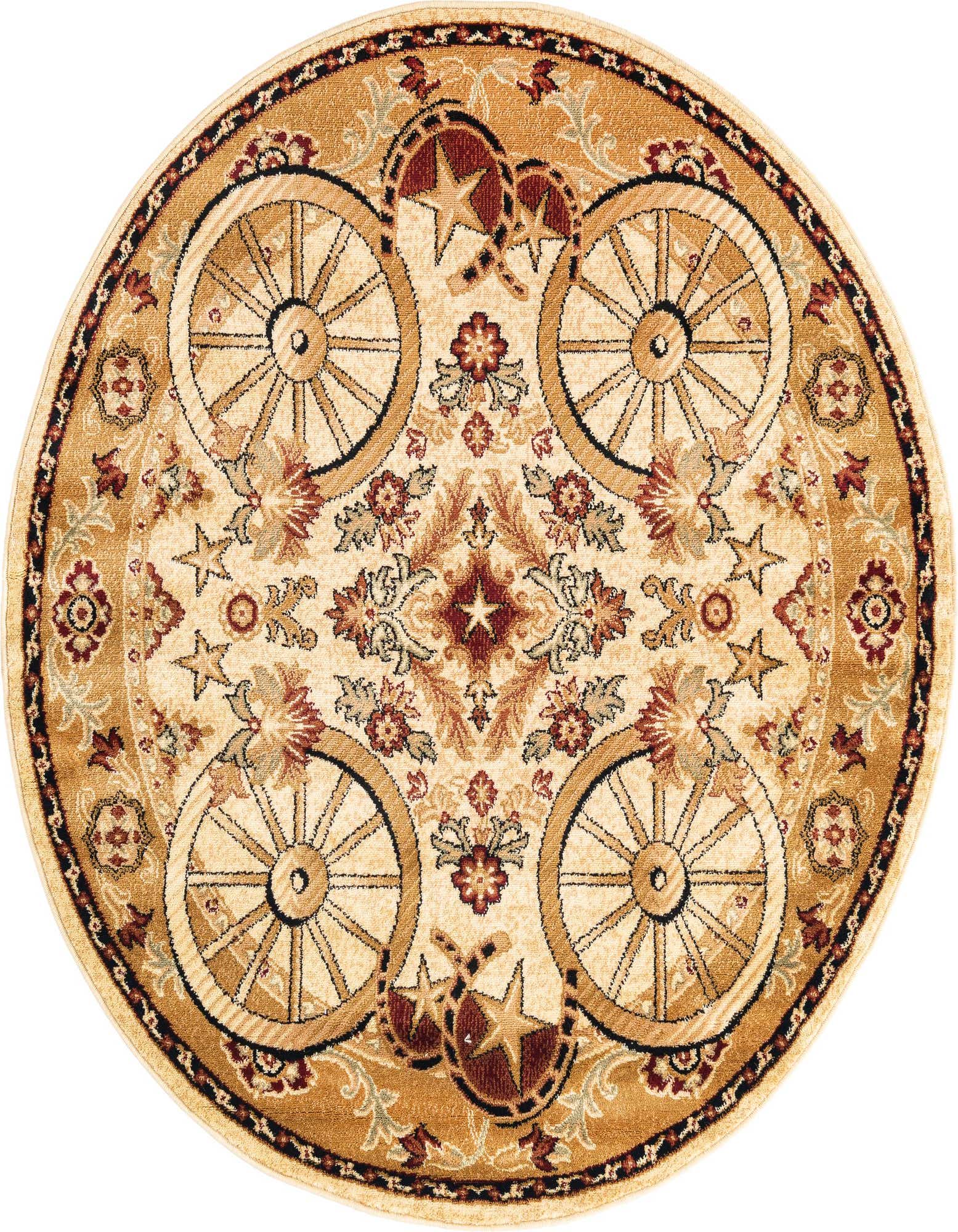 A 5'3" round Pioneer collection rug with a rustic medallion pattern in ivory, cream, and brown, featuring wagon wheels and stars.
