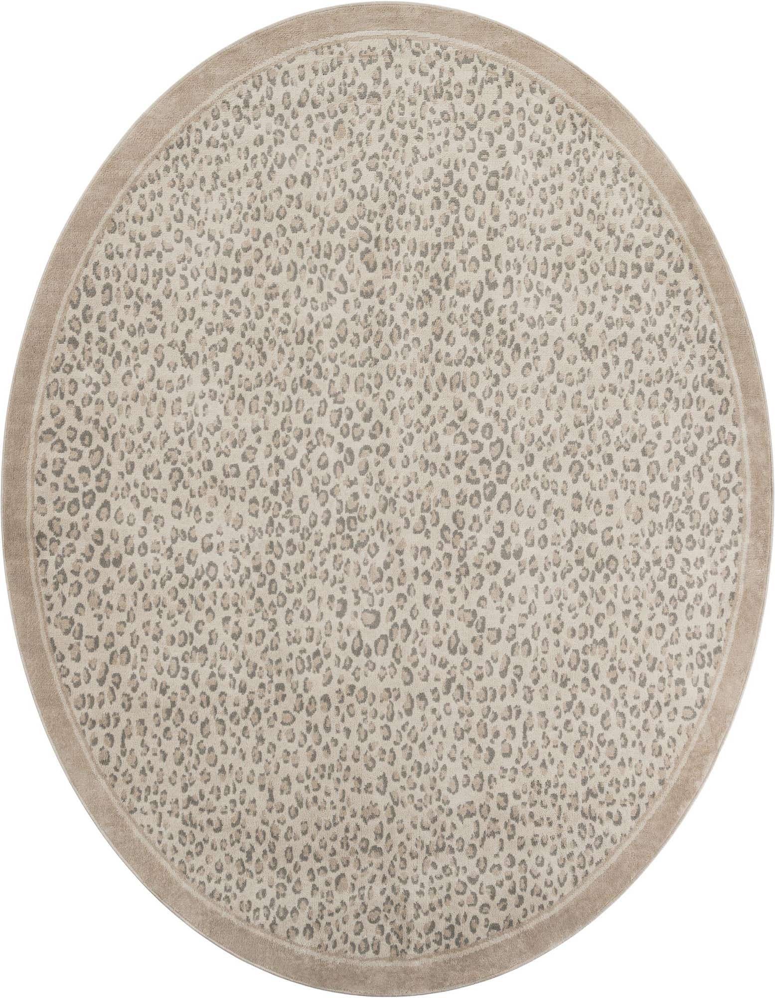 A 10-foot round ivory and cream rug with a subtle modern leopard print pattern and a solid border.