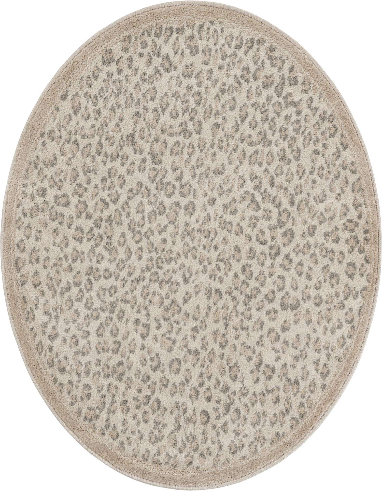 A round 4' 0 x 4' 0 ivory and cream rug with a subtle modern leopard print pattern, suitable for indoor use.