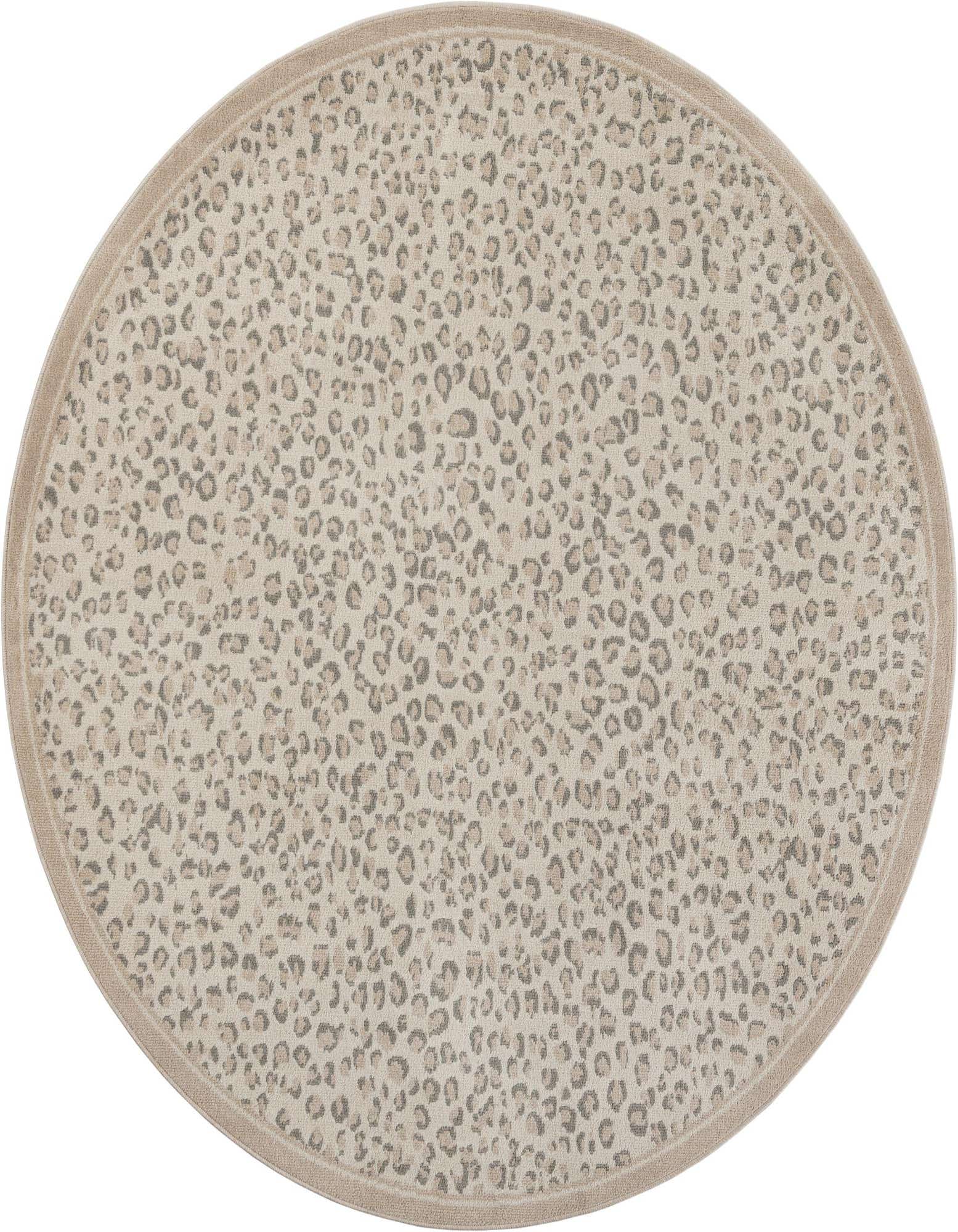 A 7' 10 round ivory and cream rug with a subtle modern leopard print pattern and a thin beige border.