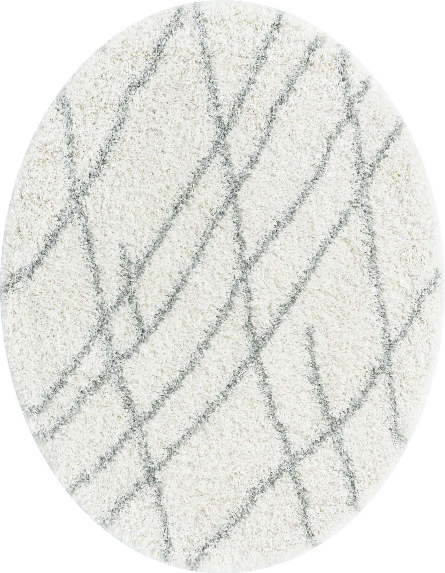 A round 7' 10" ivory shag rug with a modern, abstract gray geometric pattern, showcasing its soft texture.