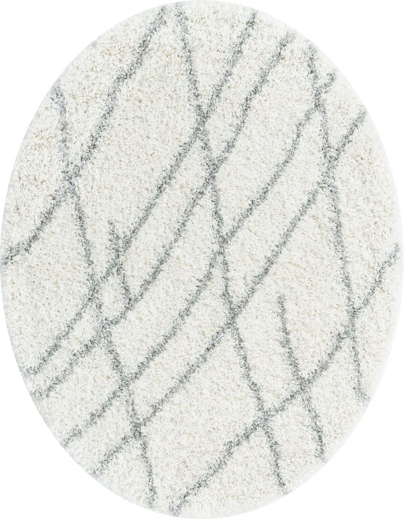 A 5' 3 round ivory shag rug with a subtle gray abstract geometric pattern, perfect for a modern living space.