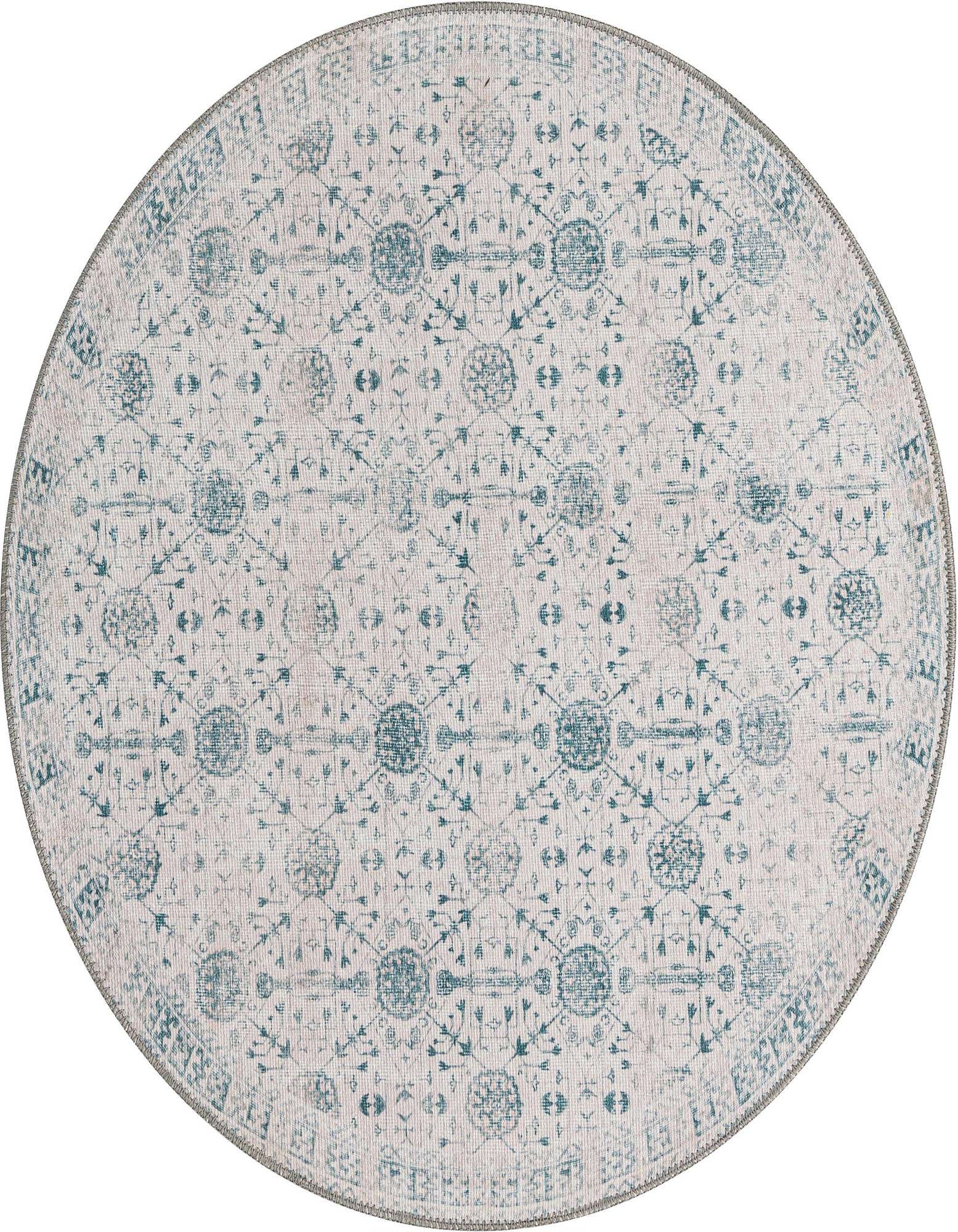 A 3' 6 round ivory and teal transitional floral rug with a flatweave texture, suitable for various indoor spaces.