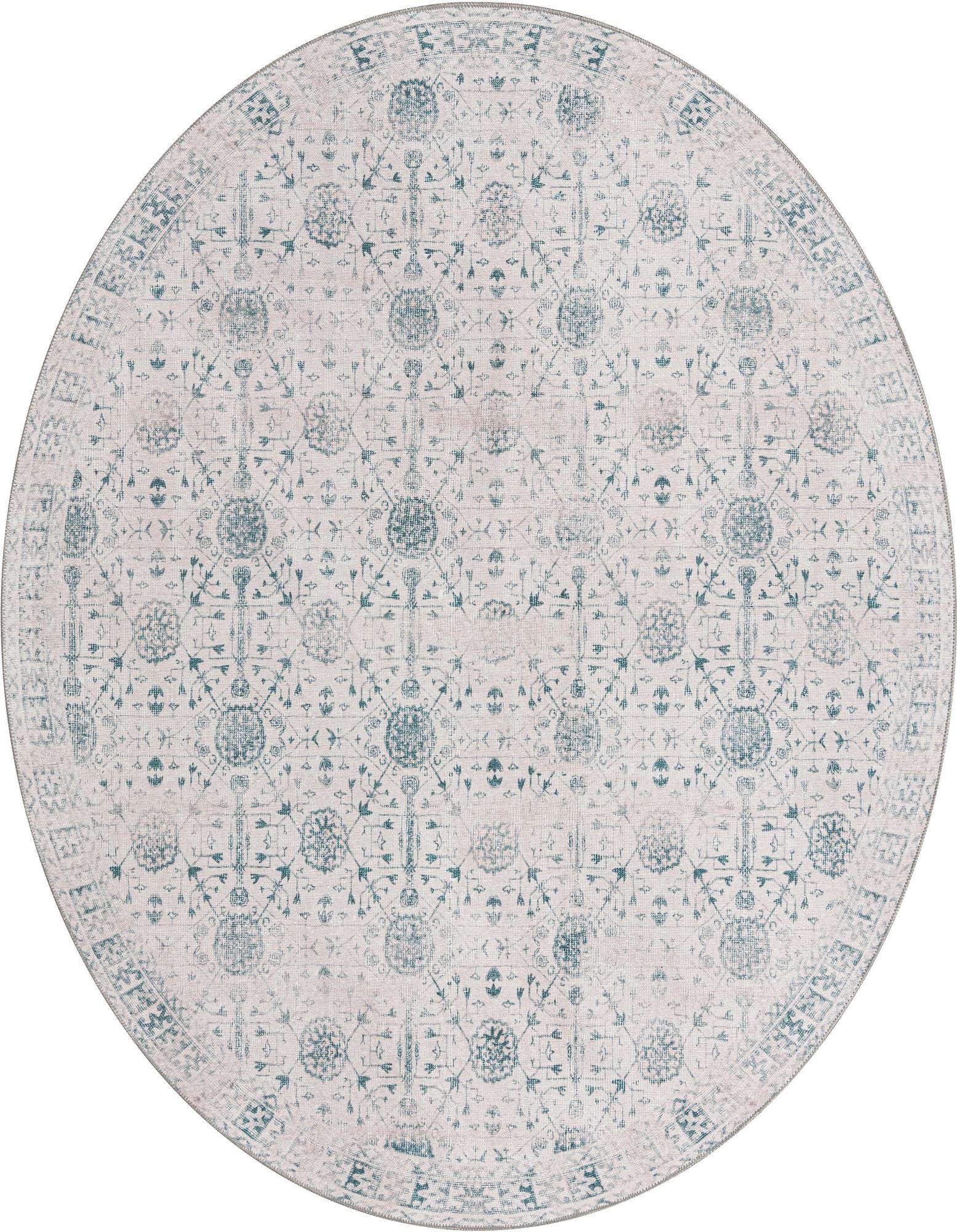 A 7' 6 round ivory rug with a faded teal Oriental floral pattern and a subtle border, suitable for indoor spaces.