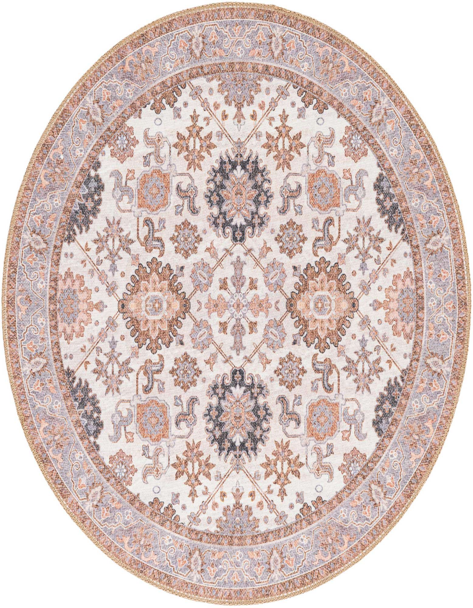 A 3' 6 round ivory rug with a traditional Oriental medallion pattern in shades of cream, grey, and terracotta.