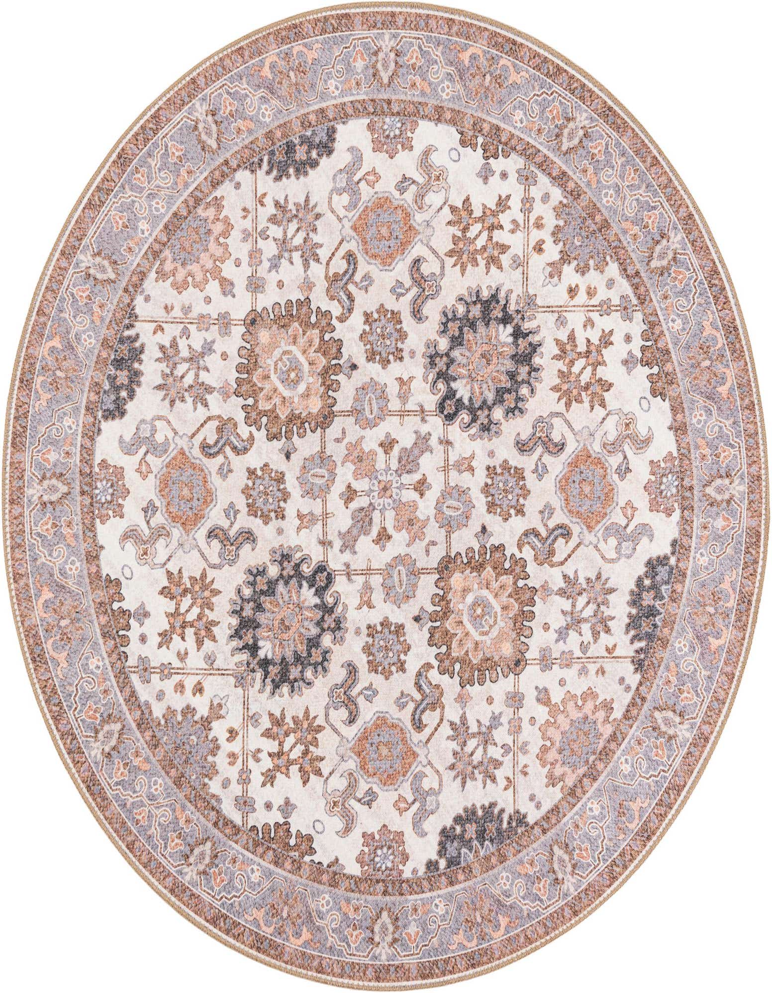 A round ivory and cream rug with a traditional Oriental medallion pattern in shades of brown, grey, and peach.