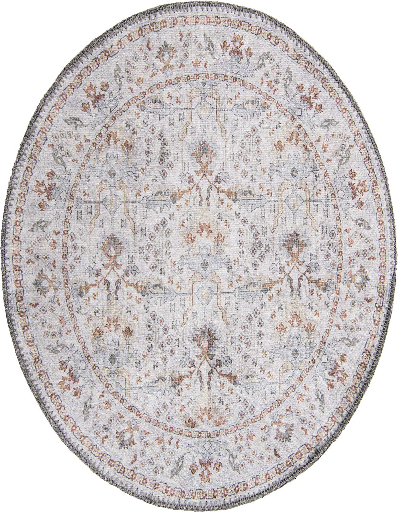 A 2' 0 x 2' 0 round ivory rug with a vintage traditional medallion pattern in cream, grey, and rust tones.