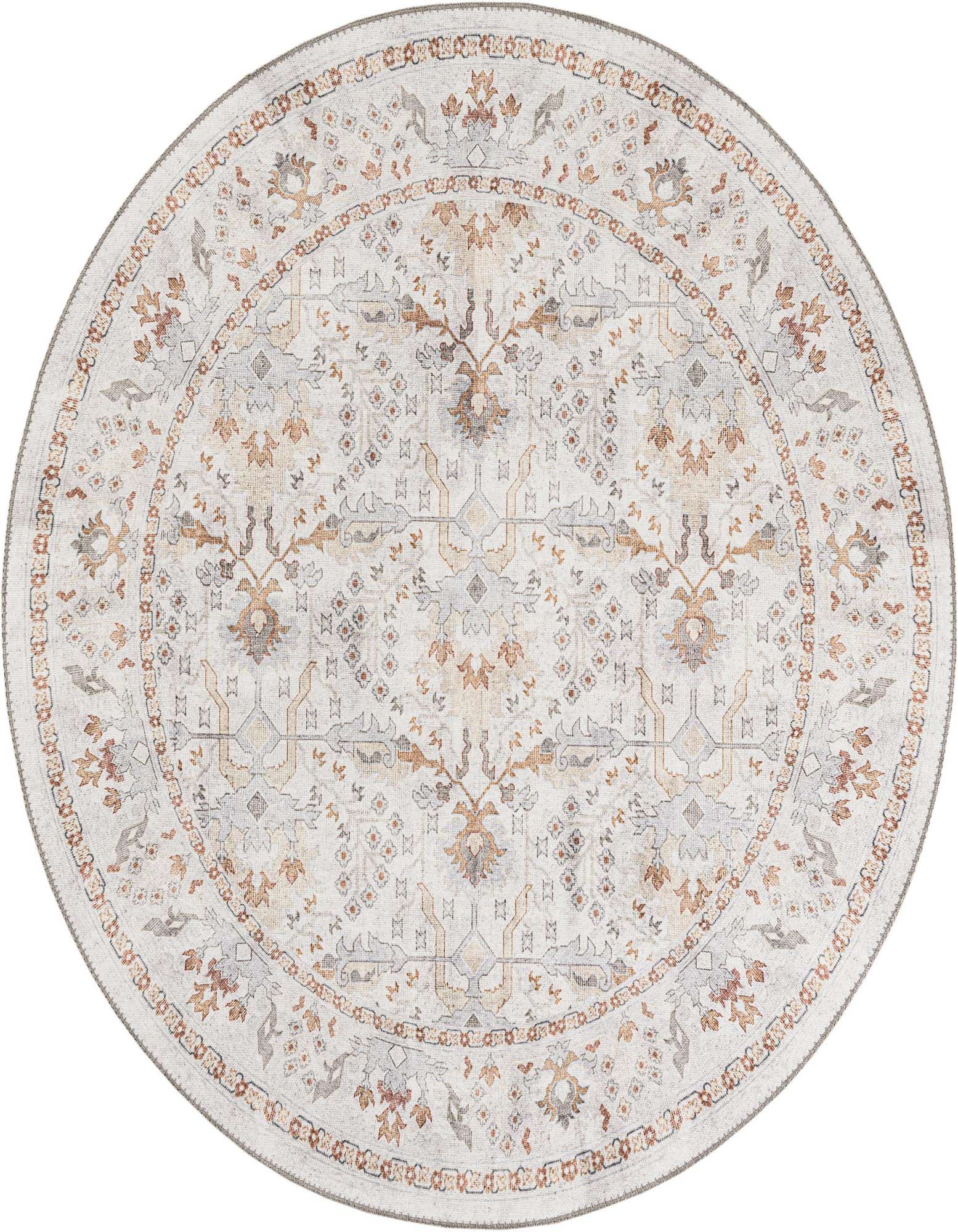 A 5'1" round ivory and cream rug with a traditional medallion and floral pattern in muted orange and grey.
