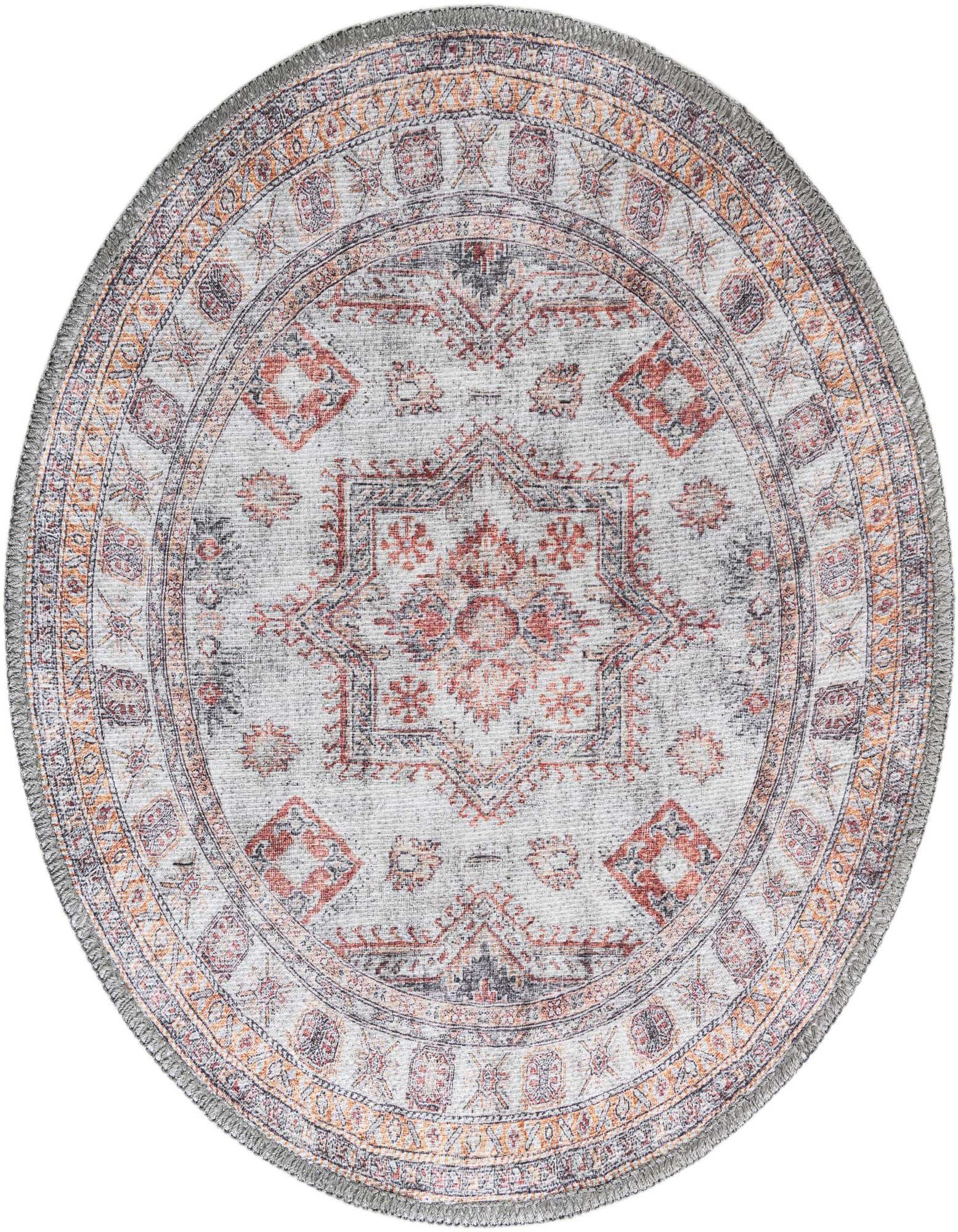 A 2' round ivory and cream rug with a distressed traditional medallion pattern in rust, orange, and gray.