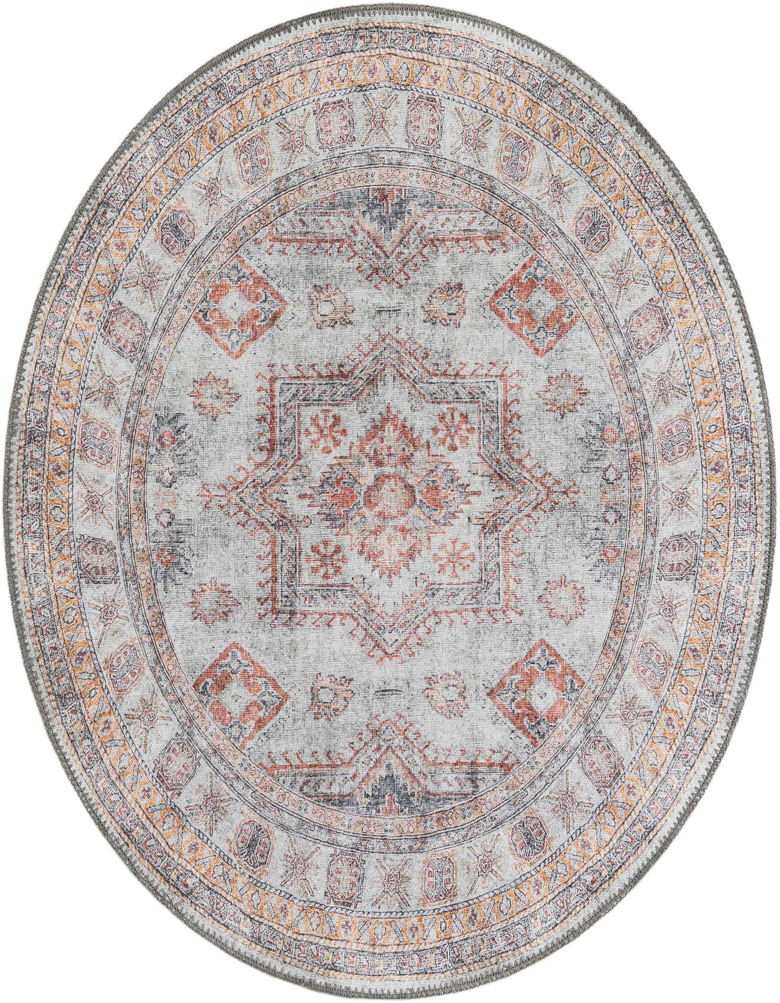 A round 3' 6 x 3' 6 ivory and cream oriental rug with traditional patterns in rust, orange, and gray.