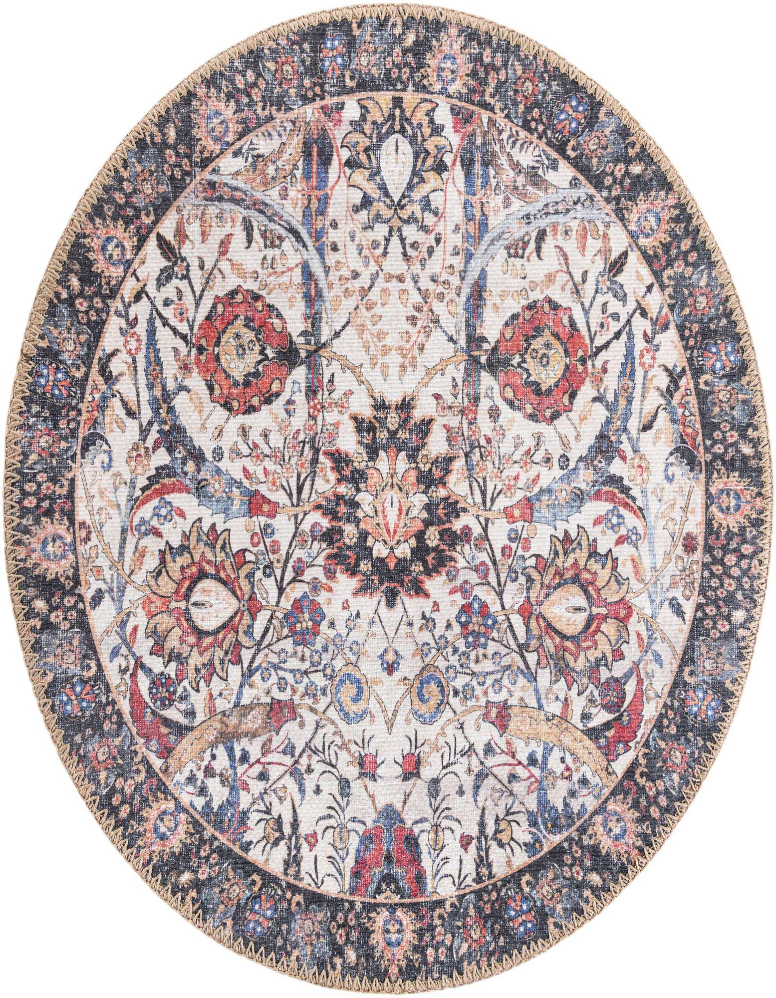 A 2' 0 x 2' 0 round ivory rug with a traditional Oriental floral pattern in red, blue, and black, featuring a dark border.