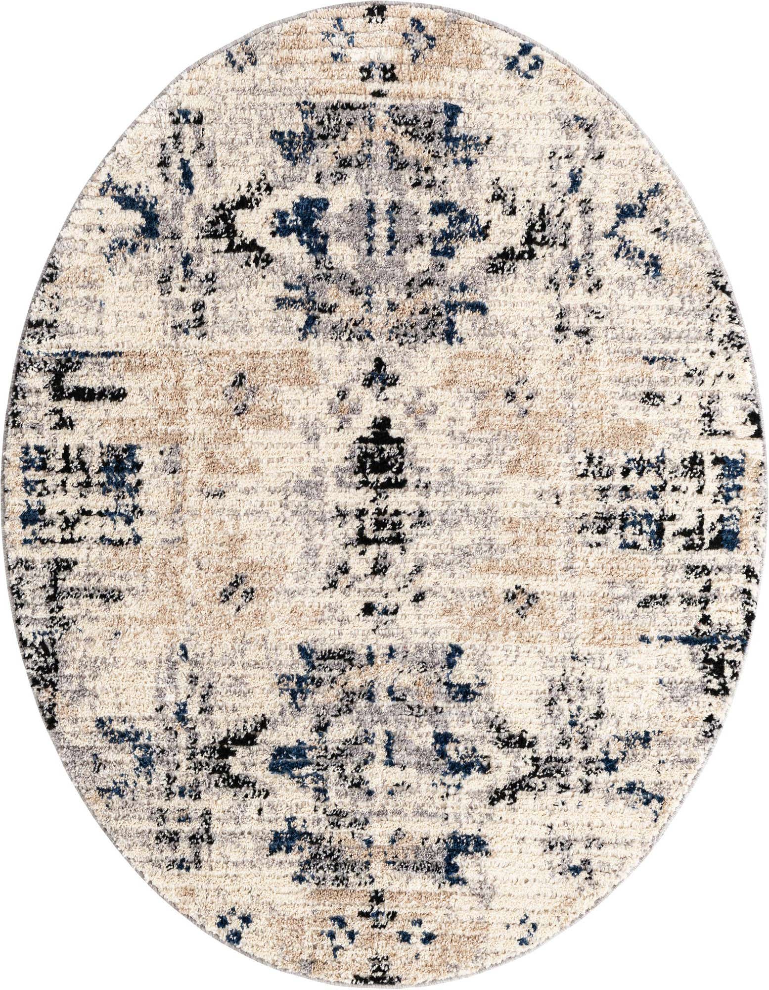A 5' 0 round ivory shag rug with a modern Southwestern abstract pattern in blues, grays, and creams.