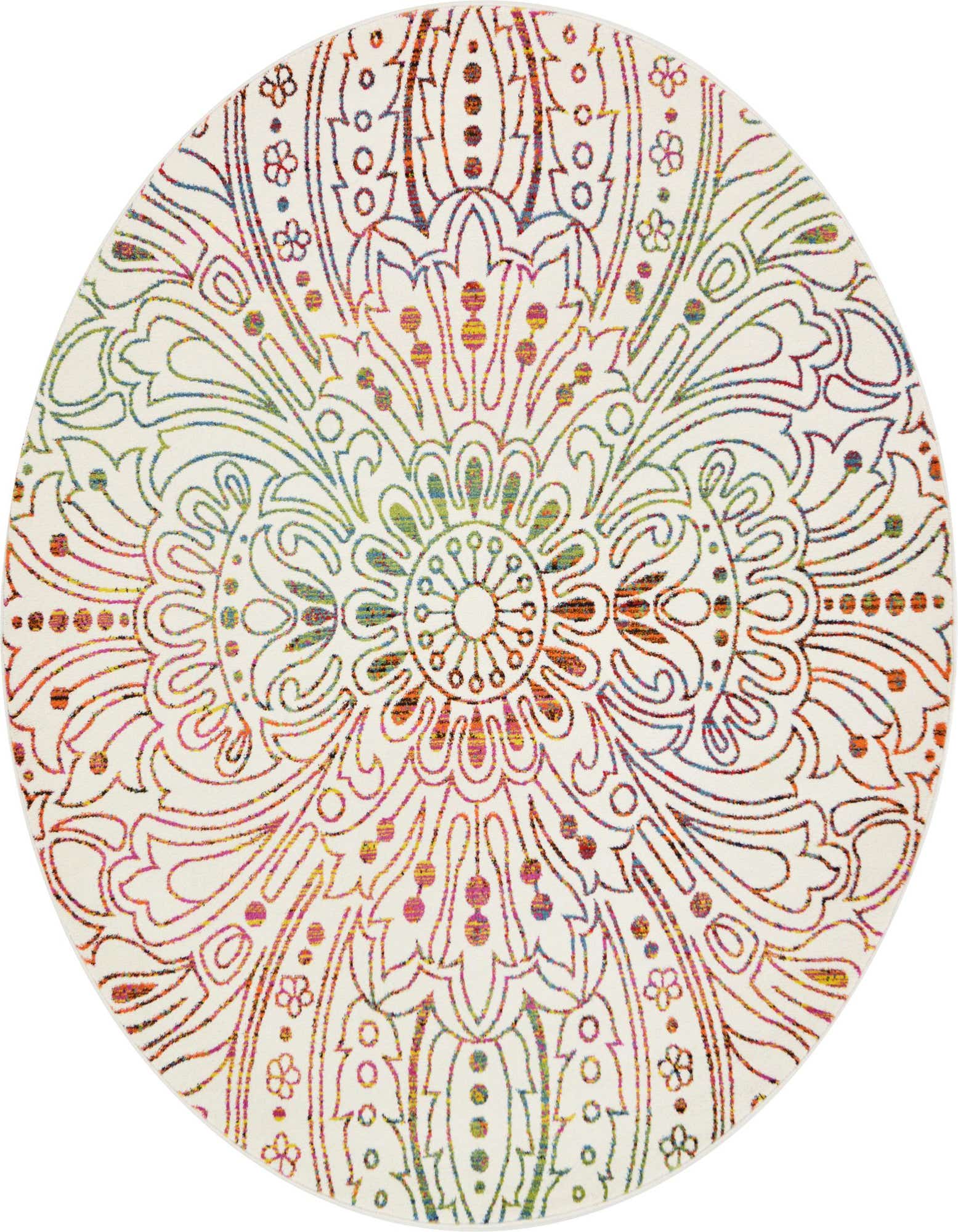A round ivory rug with a vibrant, multicolored bohemian medallion pattern, featuring botanical and floral elements.