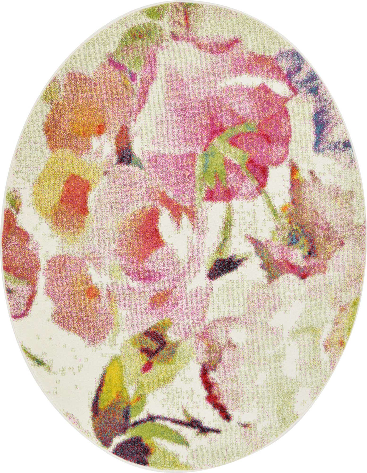 A 6' round ivory rug with a vibrant, contemporary floral pattern in shades of pink, red, yellow, and green.
