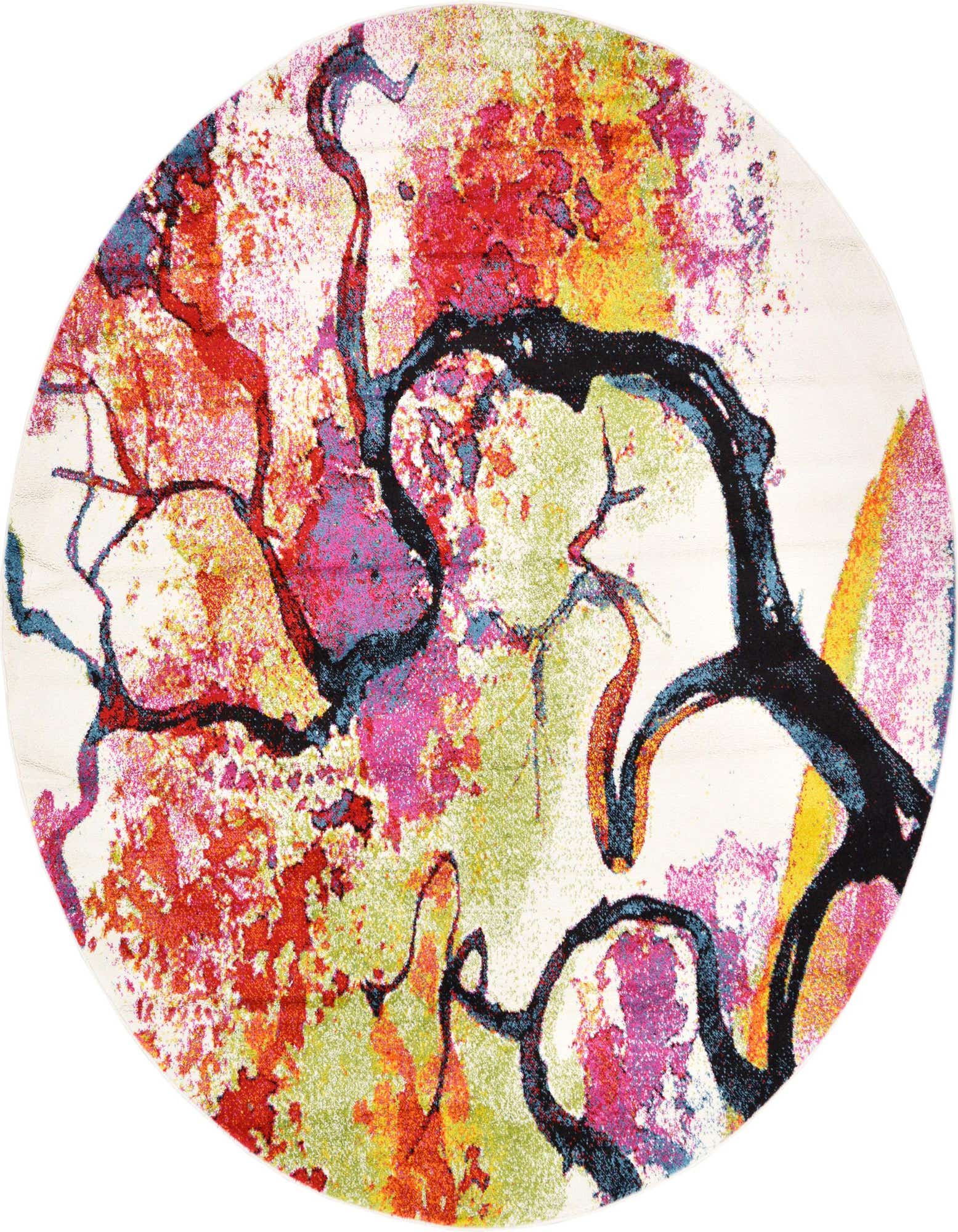 A round ivory rug with a vibrant, abstract botanical design featuring splashes of red, pink, yellow, green, and blue, with dark, winding branch-like patterns.