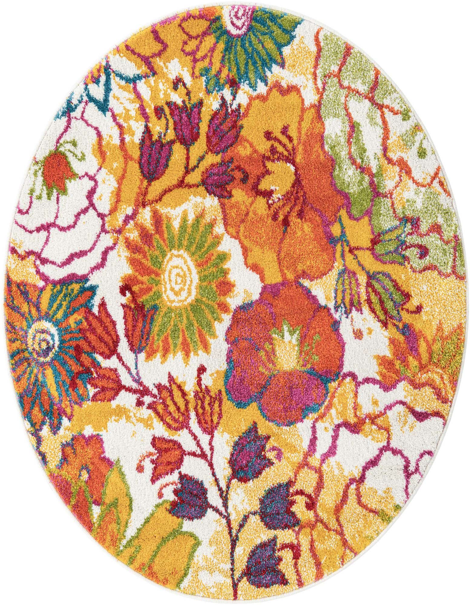 A vibrant 3' 3 x 3' 3 round modern floral rug with a white background and colorful flowers in orange, yellow, pink, and blue.