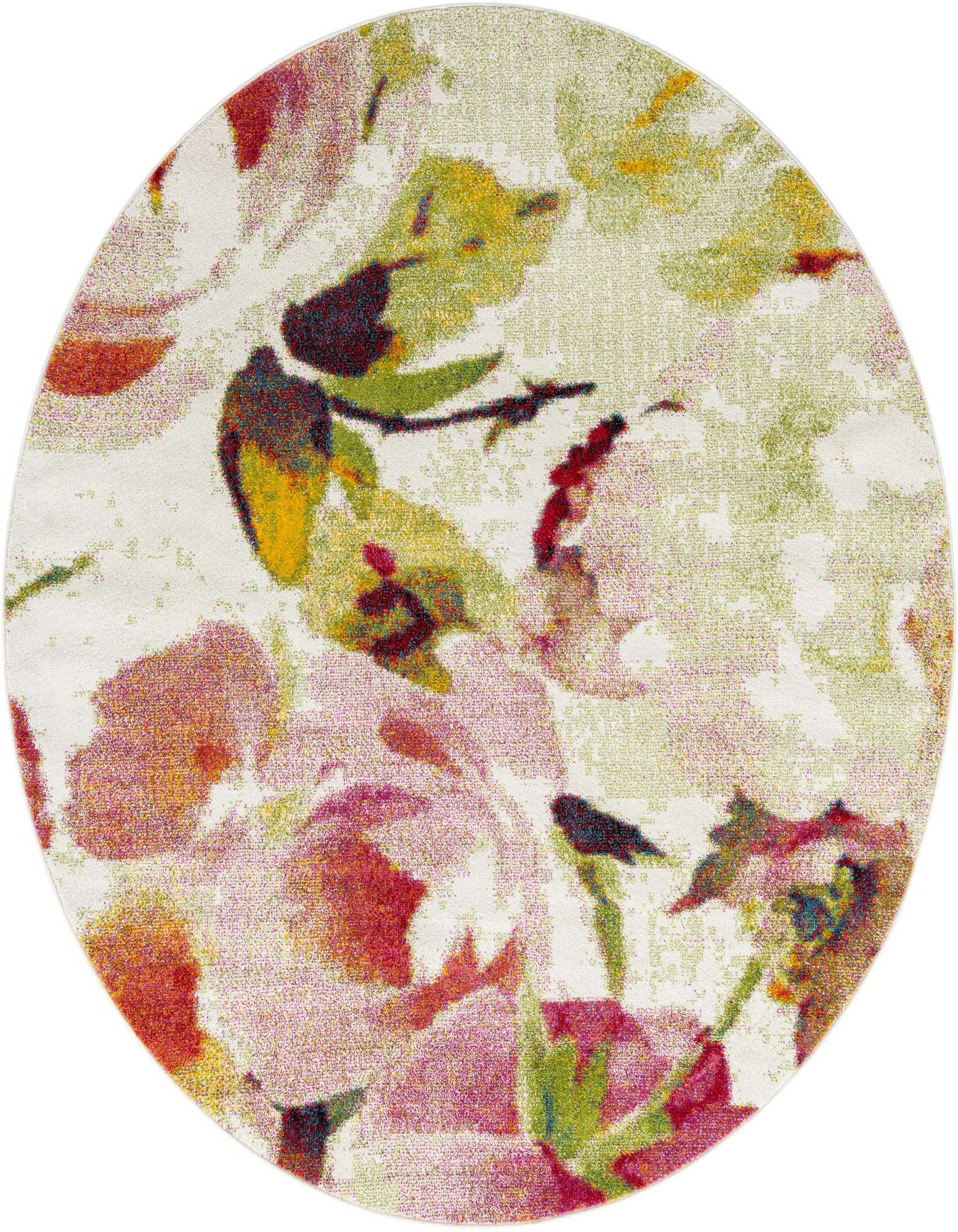 A round 7' 10" x 7' 10" ivory rug with a modern floral pattern featuring large pink, red, and green blossoms.