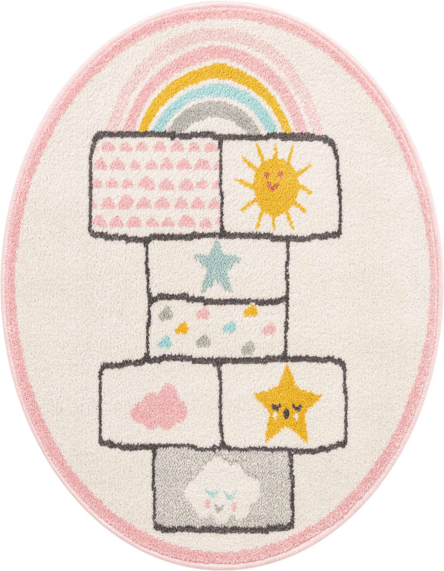 A round ivory rug with a playful hopscotch design featuring a rainbow, sun, stars, and clouds, bordered in pink.