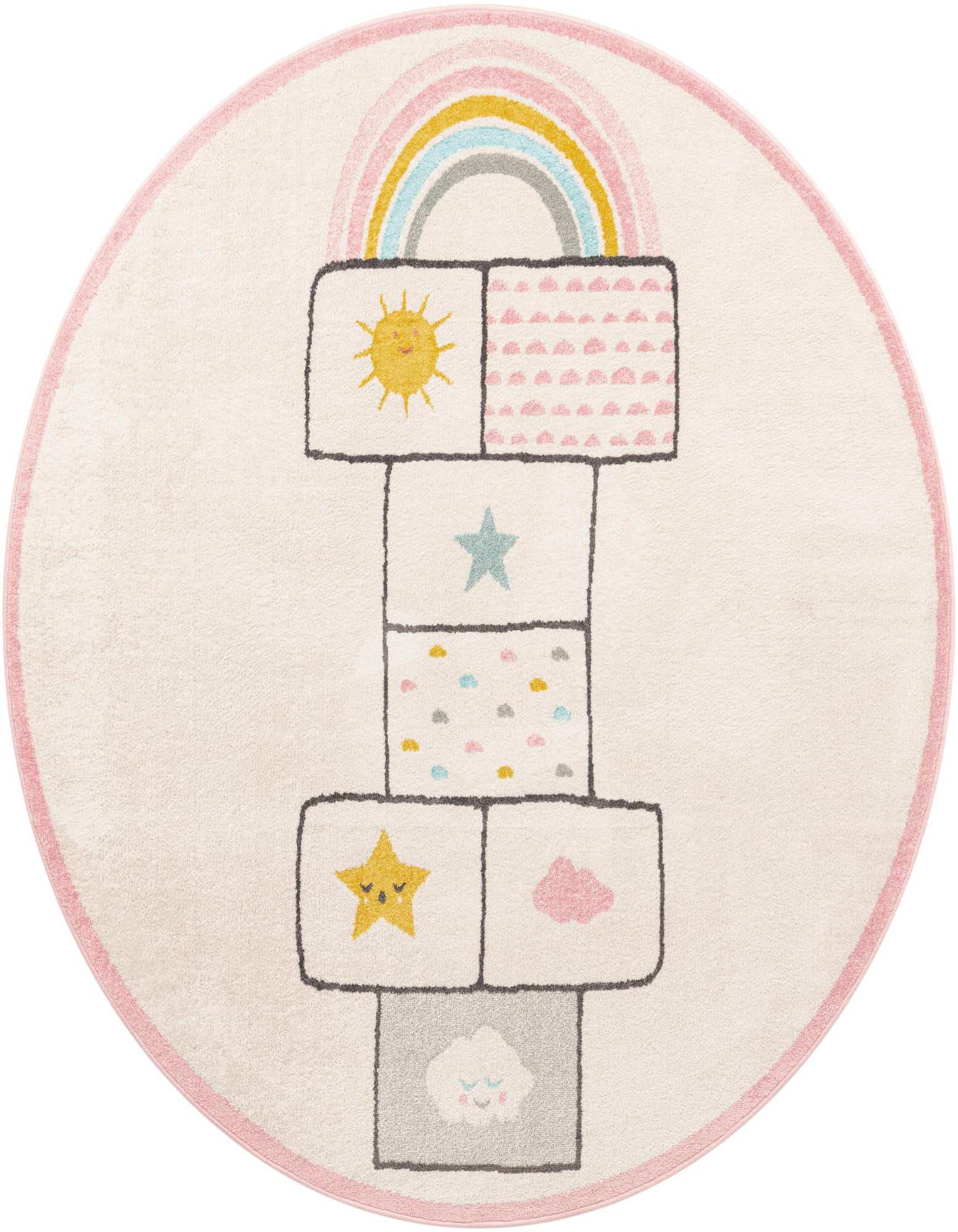 A round ivory rug with a playful hopscotch design featuring a rainbow, sun, stars, and clouds, bordered in pink.
