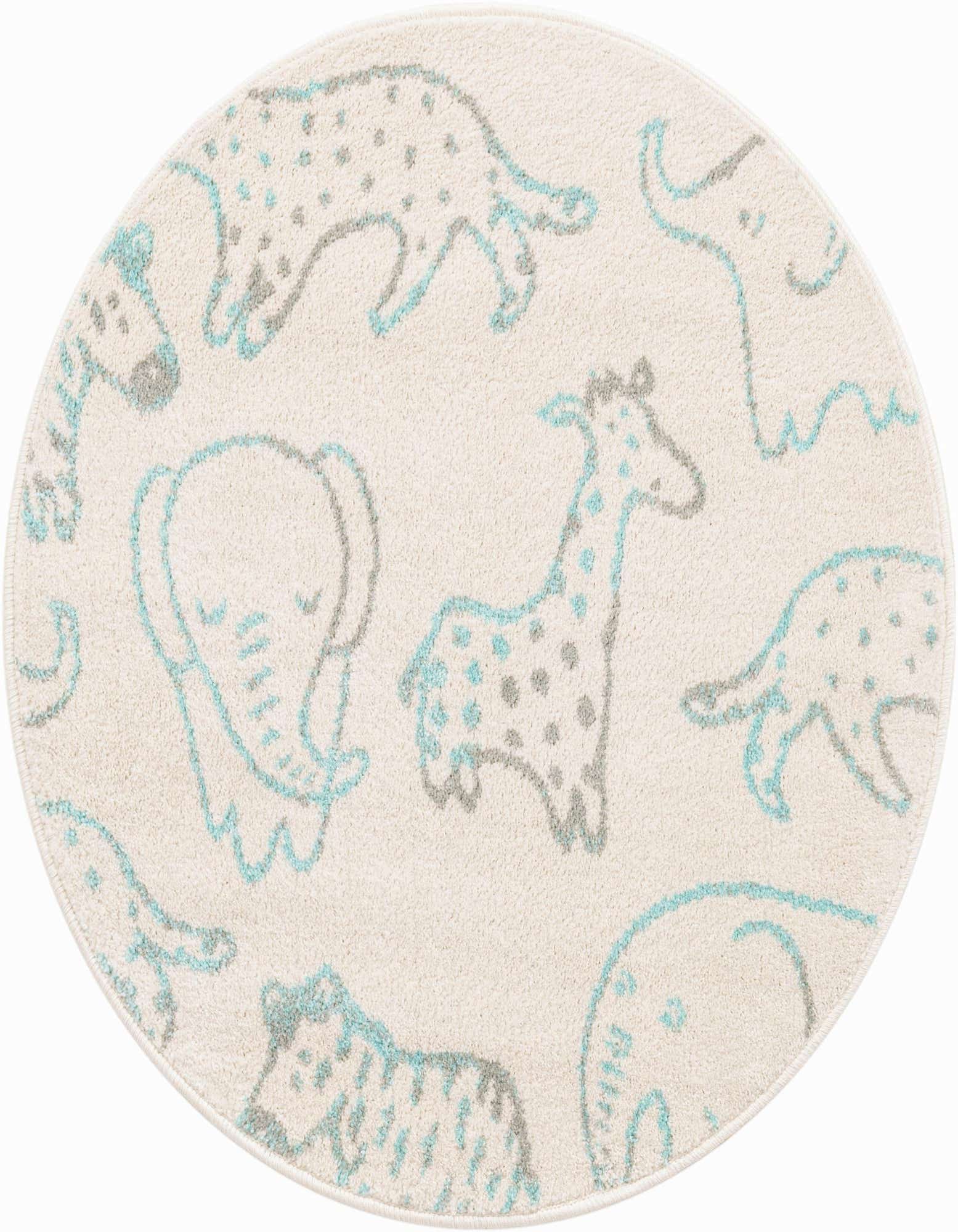 Round ivory rug with playful blue and gray safari animals like giraffes, elephants, and zebras, perfect for a child's room.