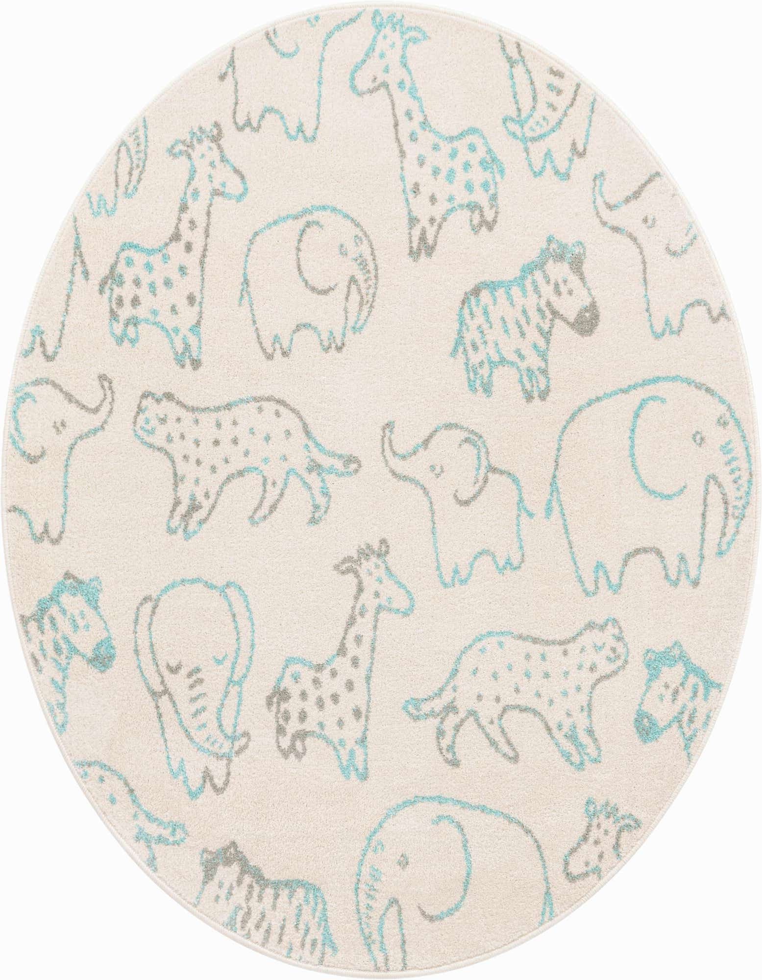 A round ivory rug featuring a playful pattern of outlined elephants, giraffes, and zebras in light blue and grey.