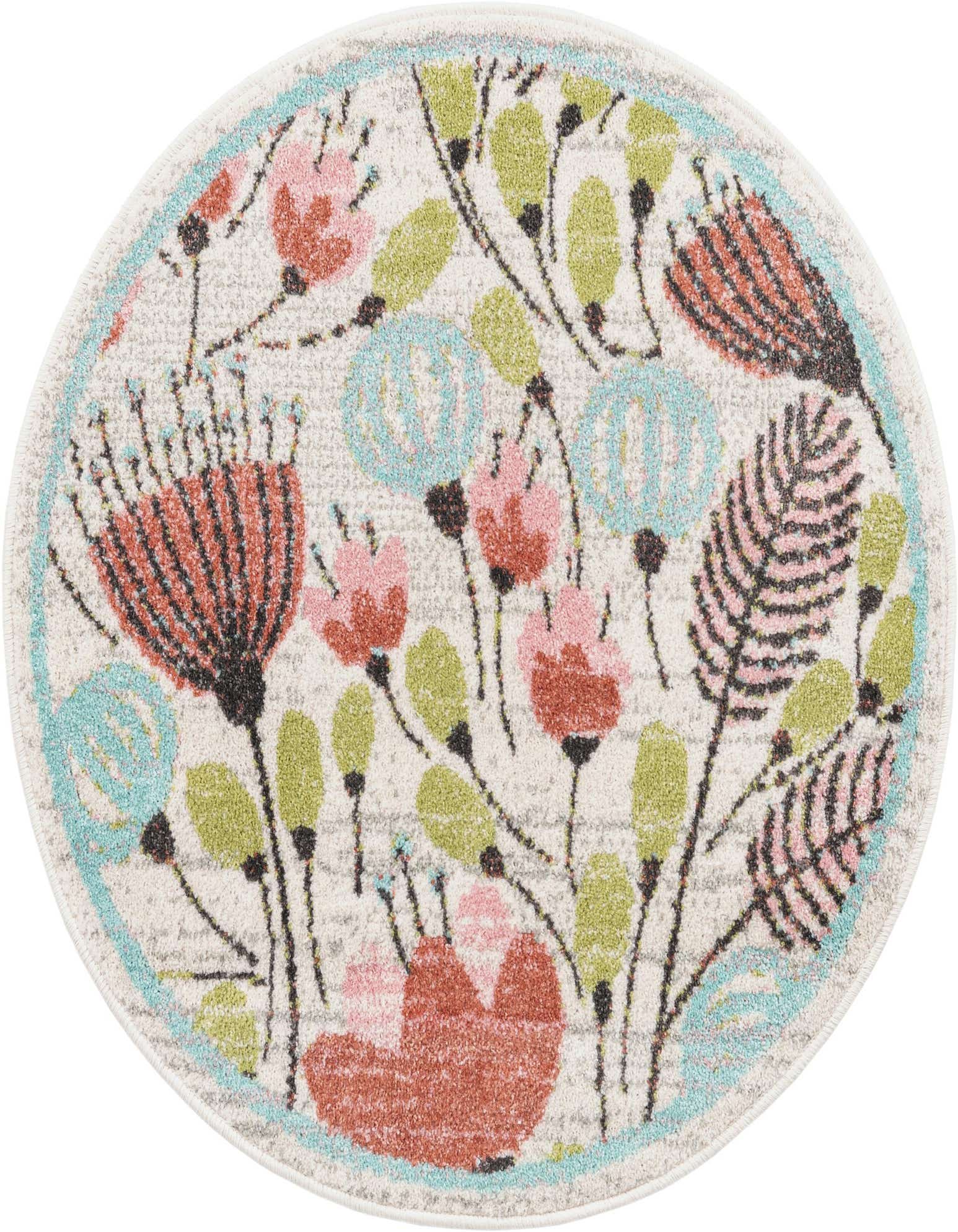 A round ivory rug with a whimsical floral pattern in pink, coral, green, and light blue, featuring a thin blue border.