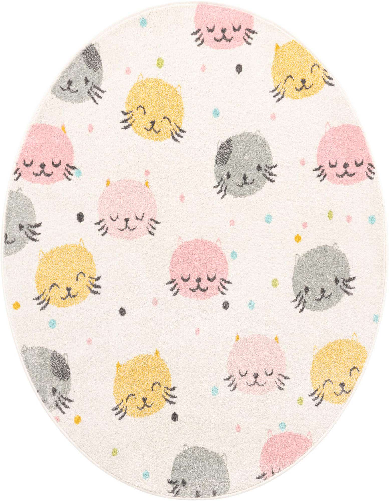 A round ivory rug with a playful pattern of pink, yellow, and gray cat faces, accented with colorful polka dots.