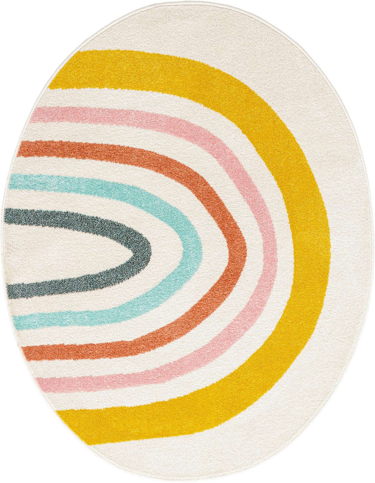 Round ivory rug with a large, colorful rainbow design in yellow, pink, orange, light blue, and dark gray.