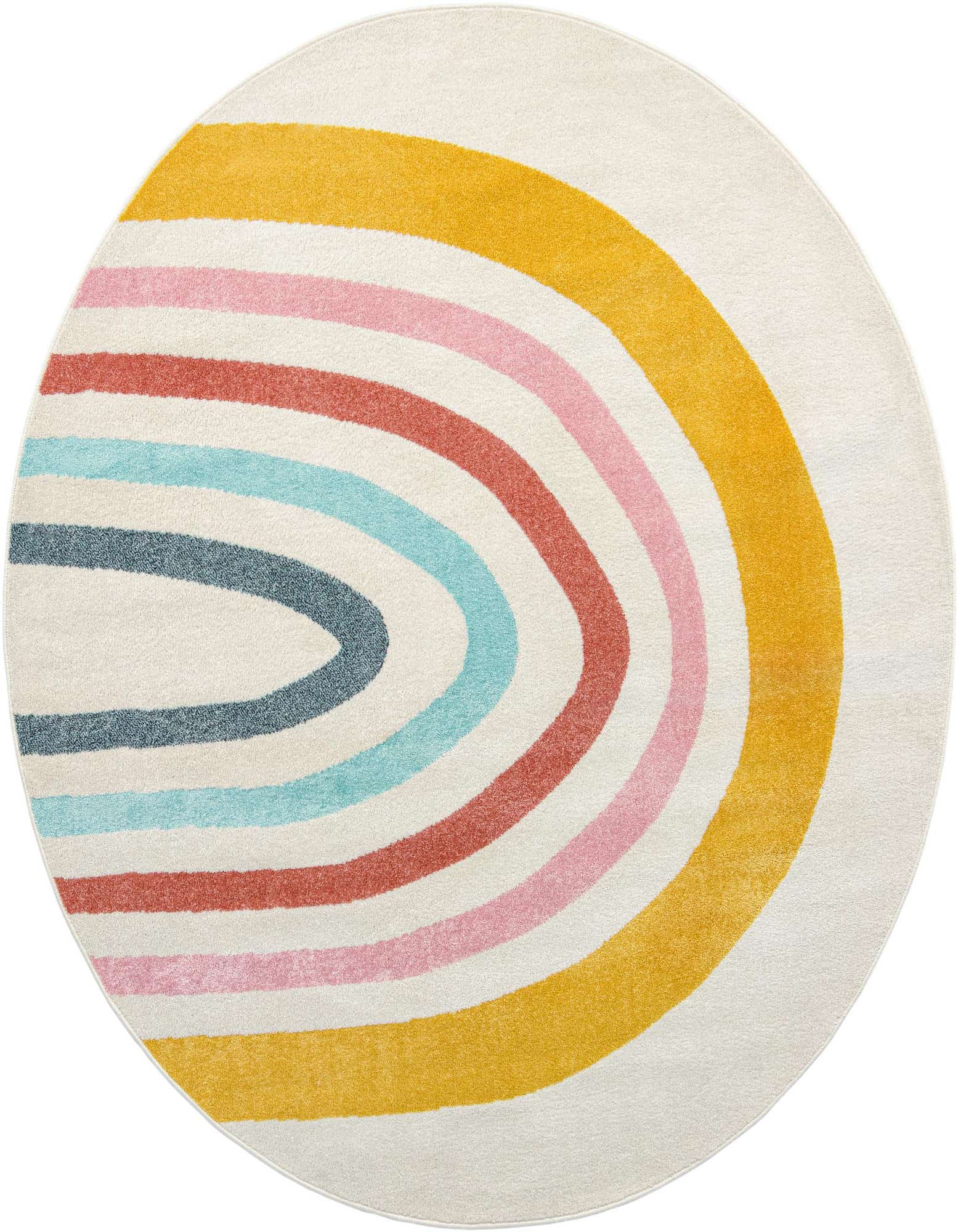 A round ivory rug with a large, colorful rainbow arc pattern in mustard yellow, pink, red, light blue, and dark blue.