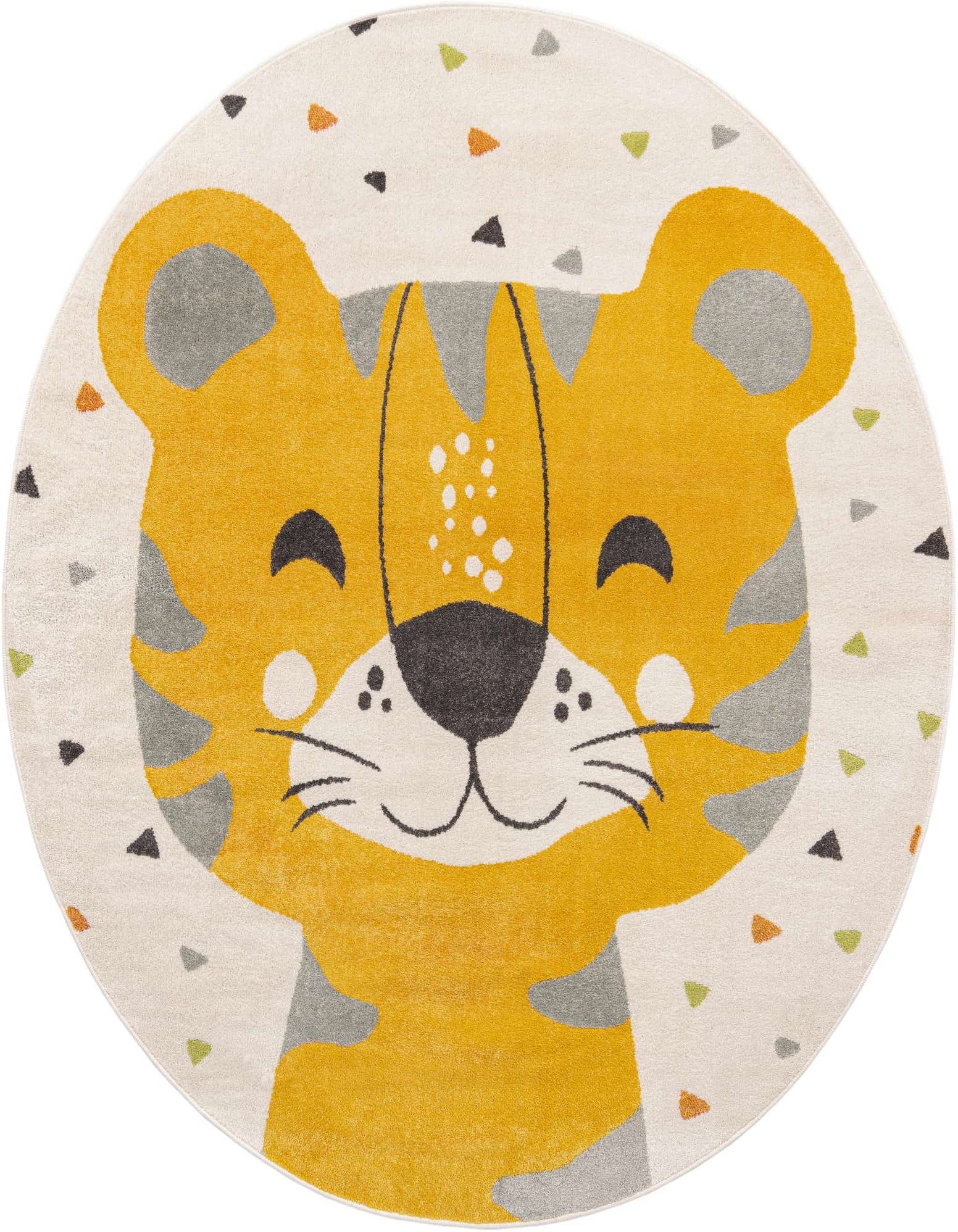 A round ivory rug featuring a smiling cartoon tiger face in yellow and gray, with small colorful triangles scattered around, perfect for a child's room.