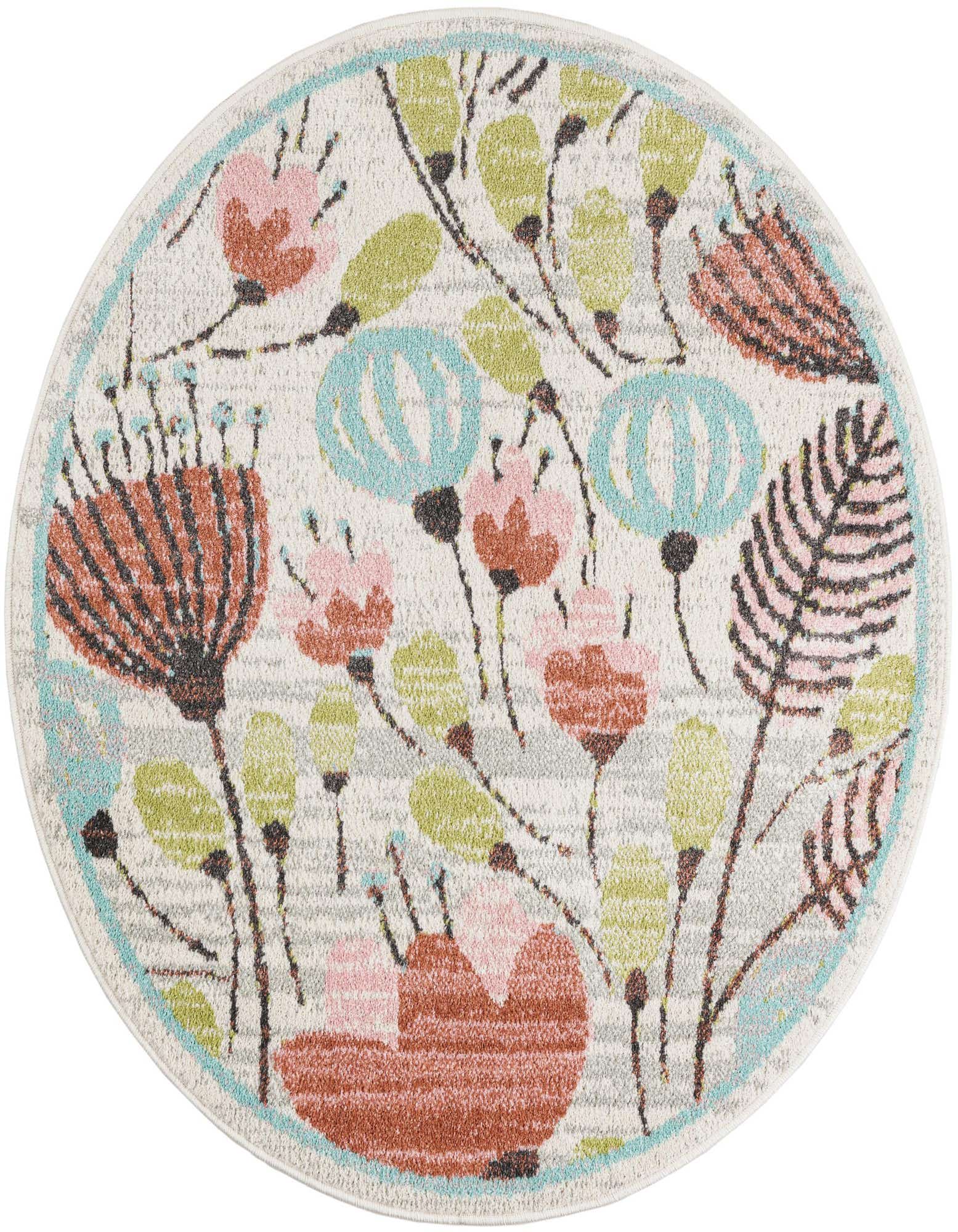 A round ivory rug with a whimsical floral pattern in pink, teal, and green, bordered by a thin teal line.