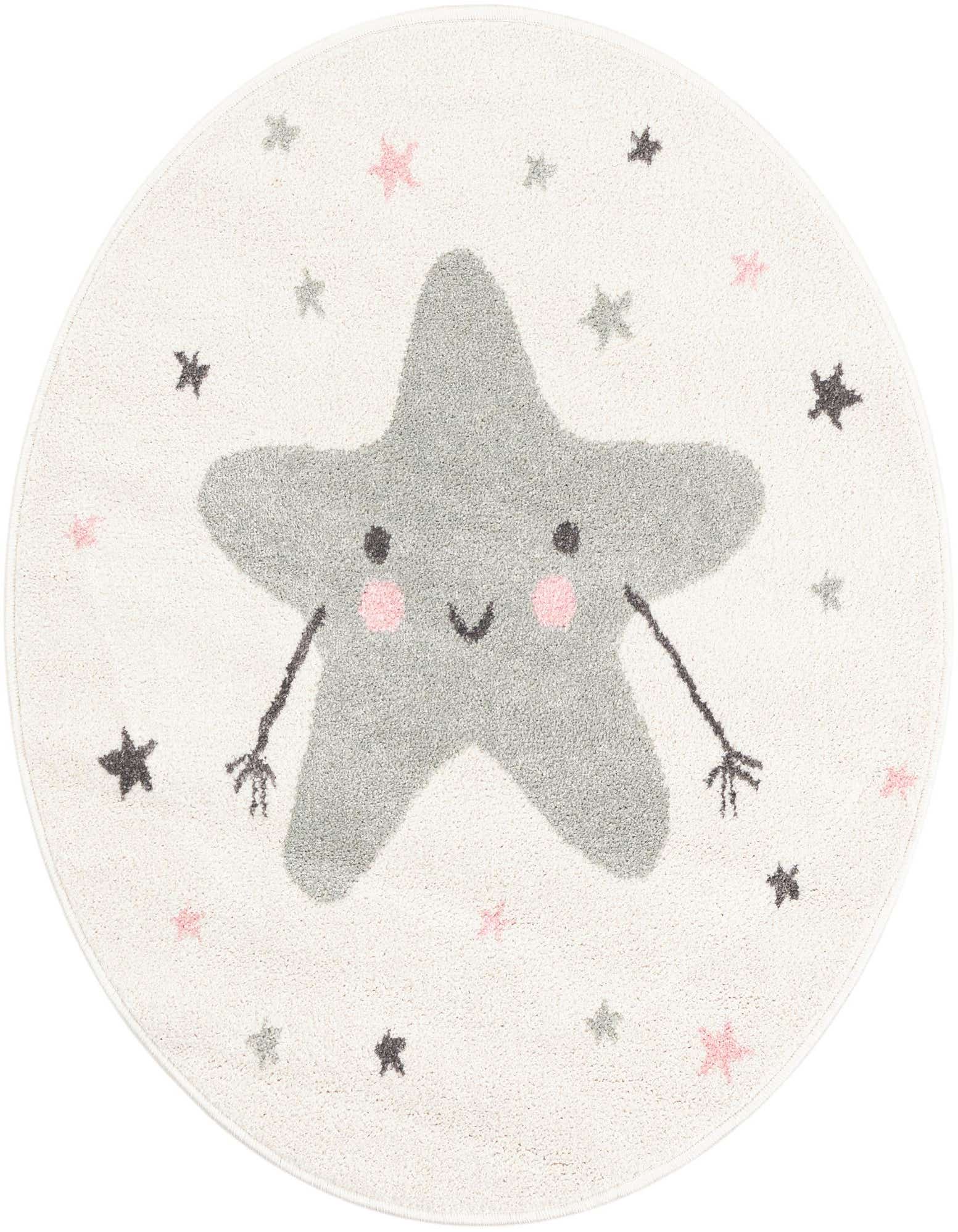 A round ivory rug featuring a large, friendly gray star with pink cheeks and smaller pink and gray stars scattered around.