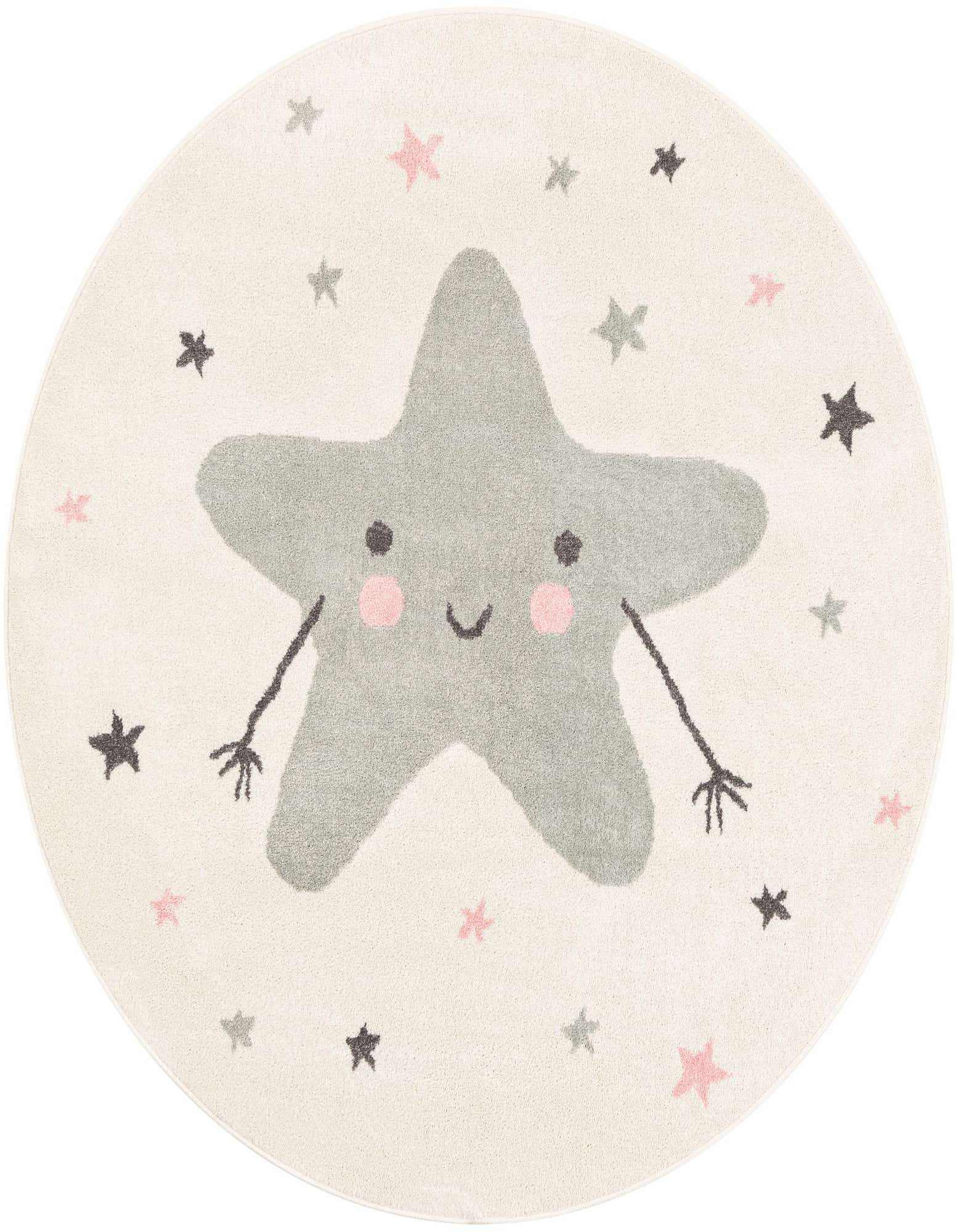 A round ivory rug featuring a large smiling gray star with pink cheeks and small gray, pink, and black stars scattered around.