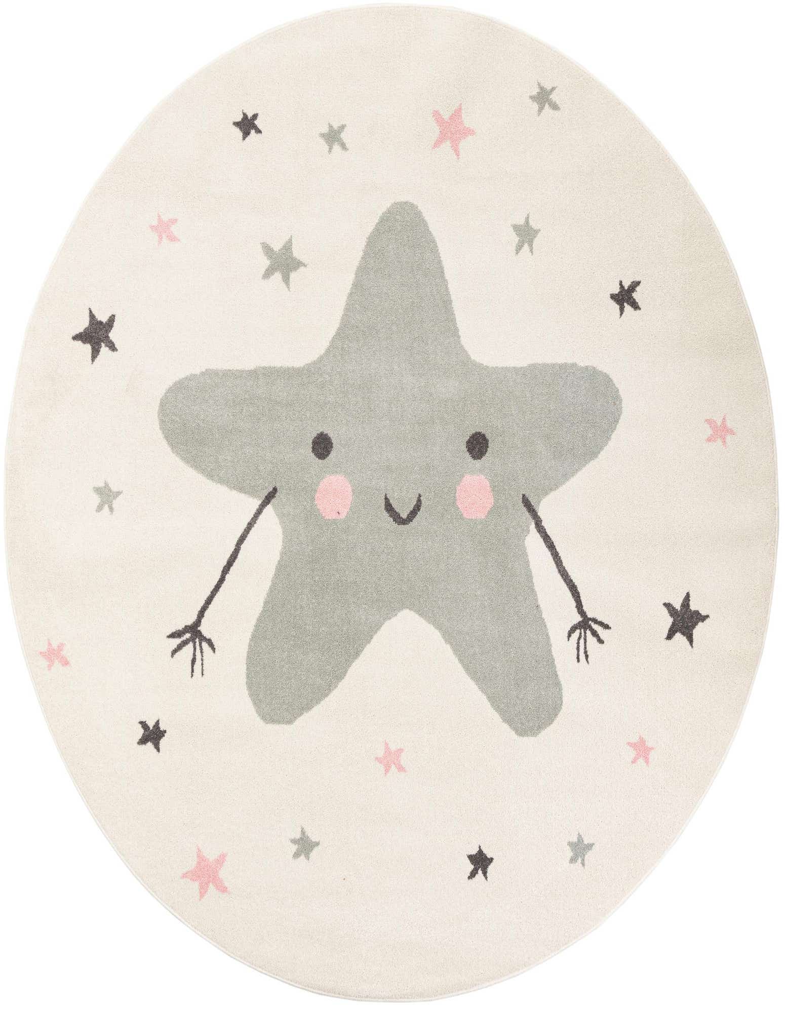 Round ivory rug with a large smiling grey star in the center, surrounded by smaller pink, grey, and black stars.