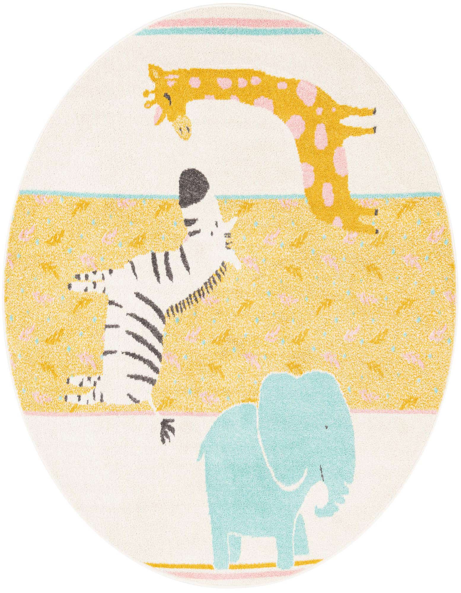 Round ivory rug with a playful safari animal design featuring a yellow giraffe, a black and white zebra, and a blue elephant.