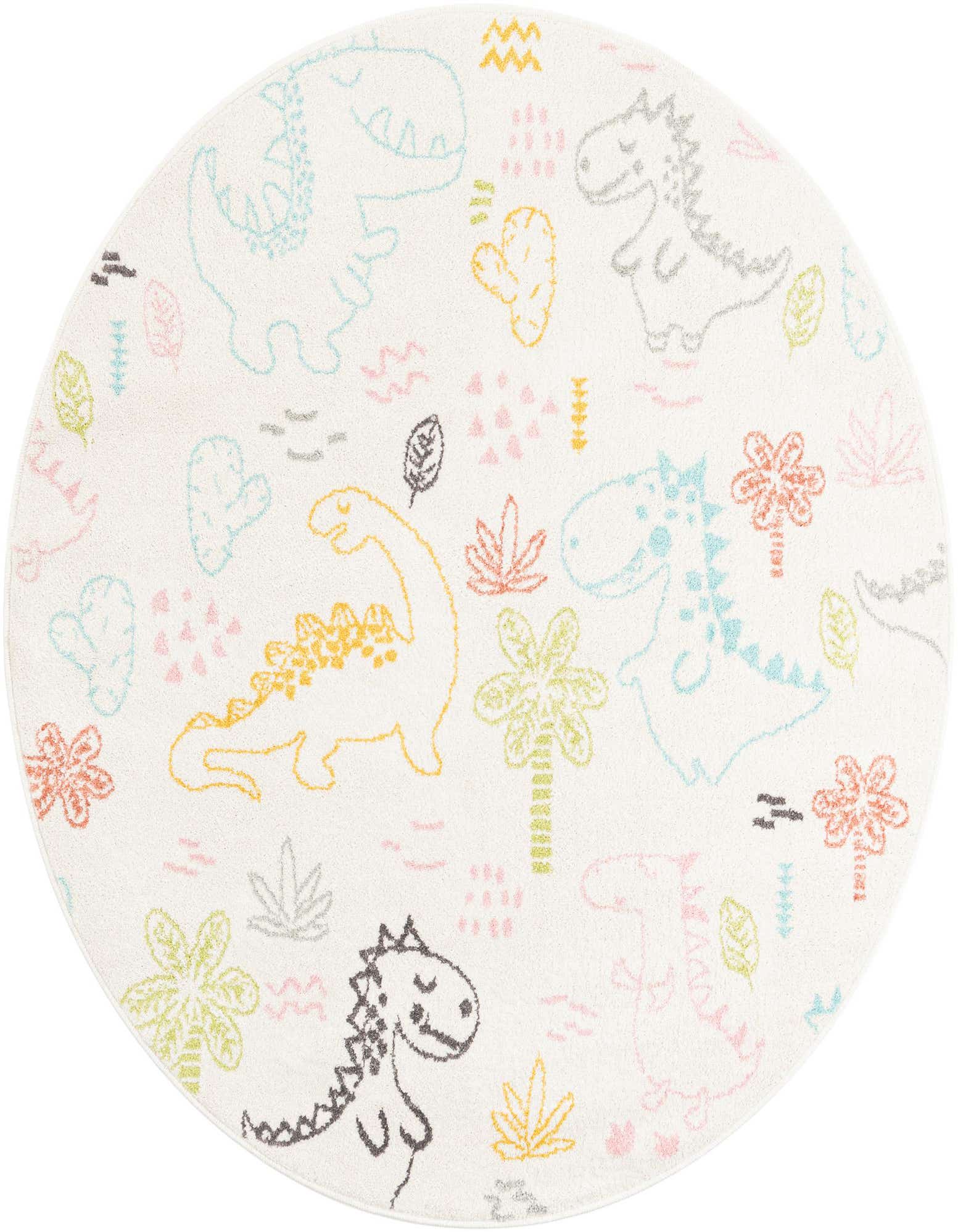 A round ivory rug with playful, colorful dinosaur and plant illustrations, perfect for a child's room.