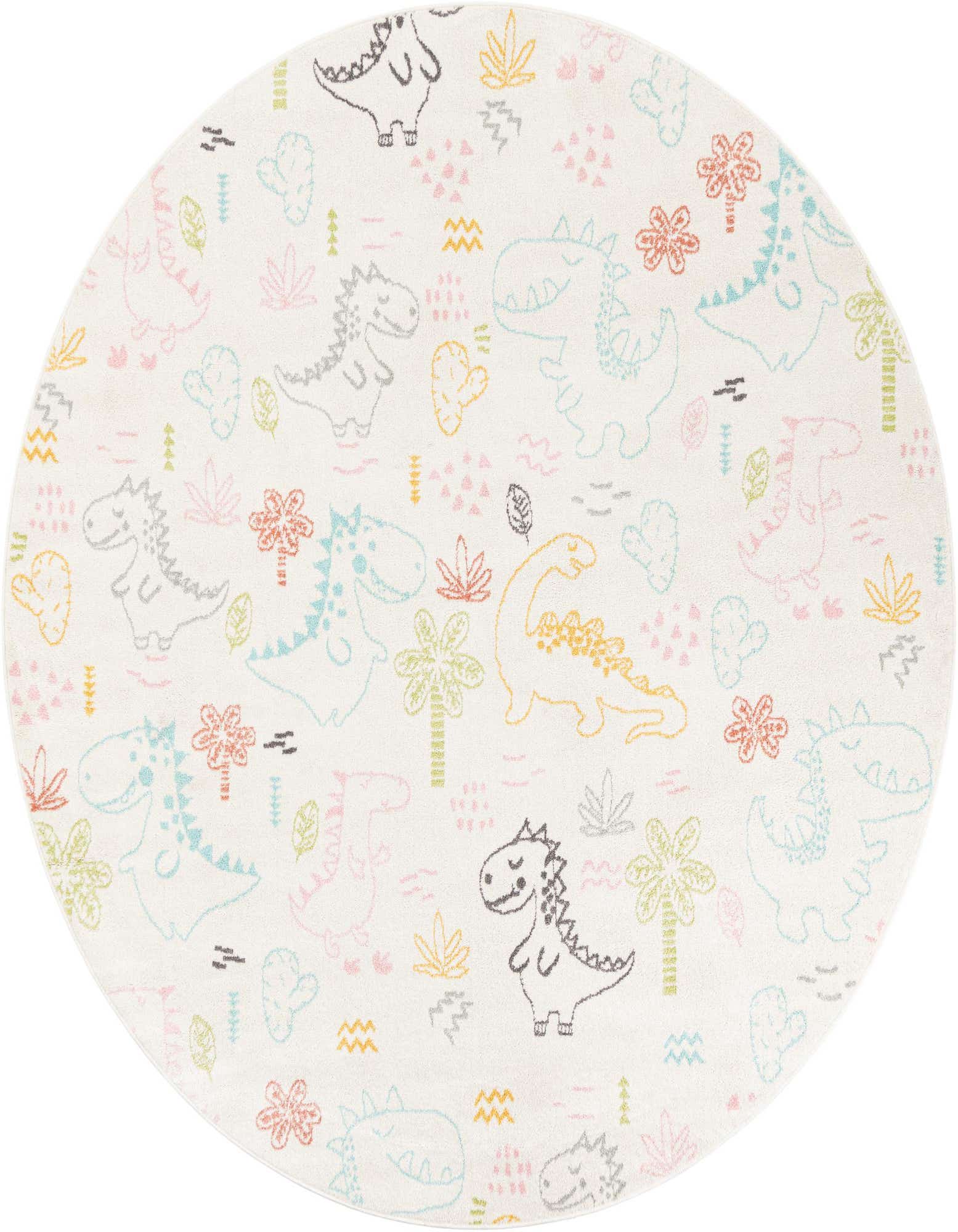 A round ivory rug with a playful pattern of colorful dinosaurs, palm trees, and leaves, ideal for a child's room.