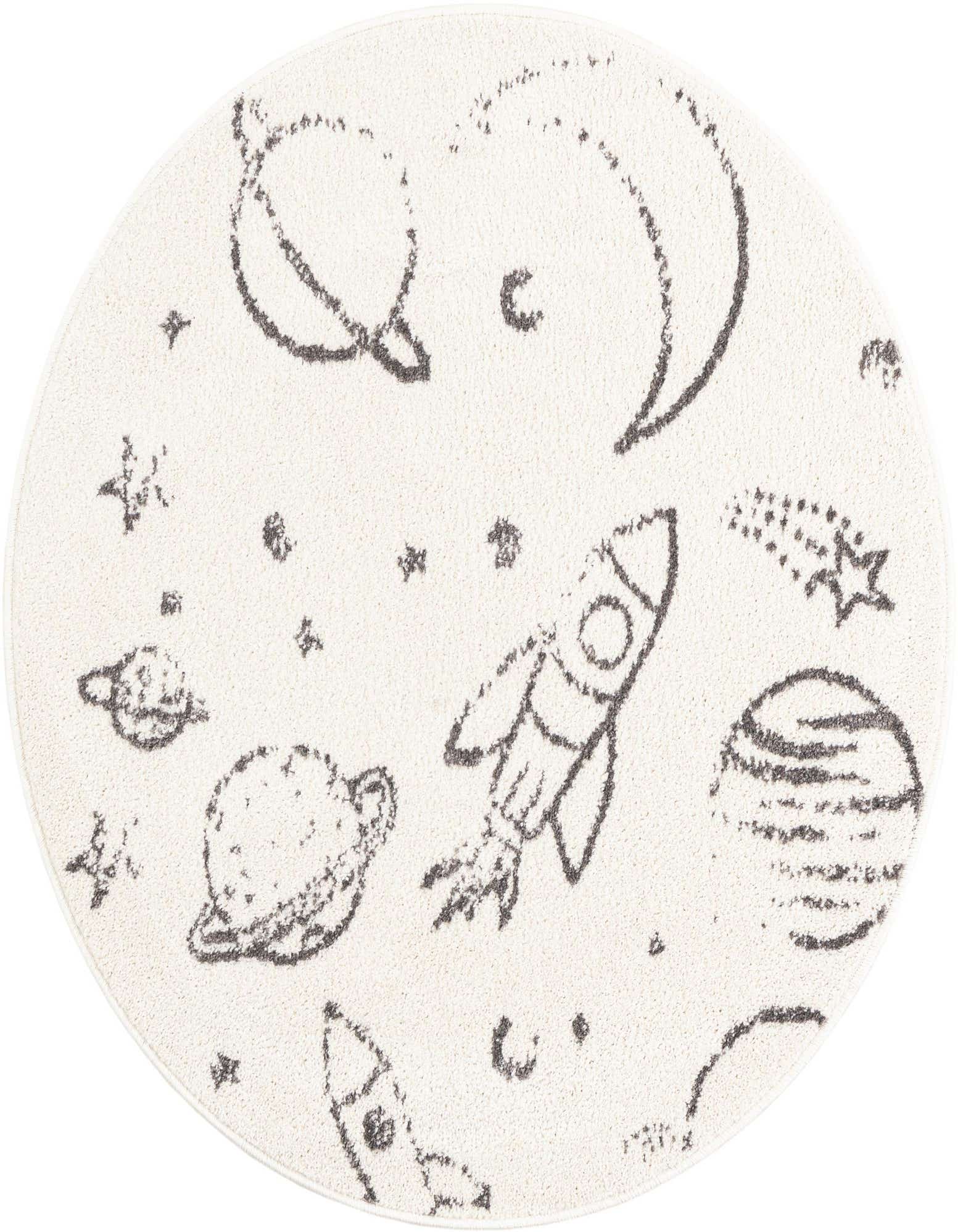 Round ivory rug with a playful dark grey space-themed pattern featuring rockets, planets, moons, and stars.
