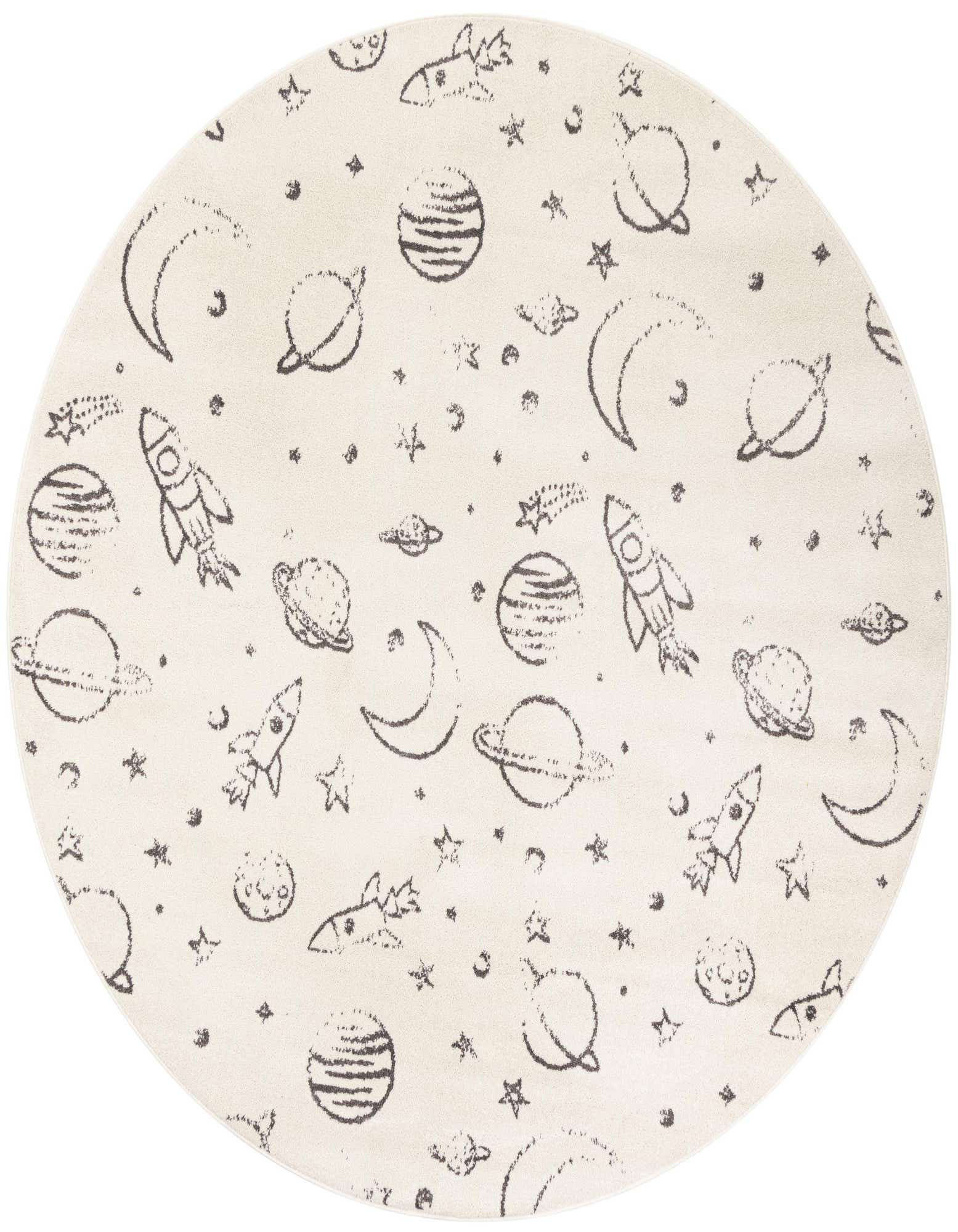 Round ivory rug with a playful space-themed pattern featuring dark gray rockets, planets, moons, and stars.