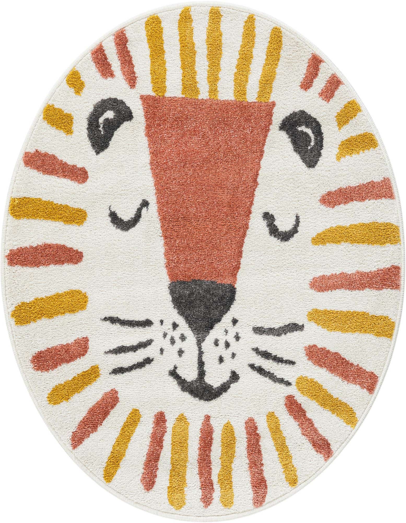 A round 3' 3" x 3' 3" ivory rug with a playful lion face design, featuring a rust-colored nose, black eyes and mouth, and a mane of alternating rust and gold stripes.