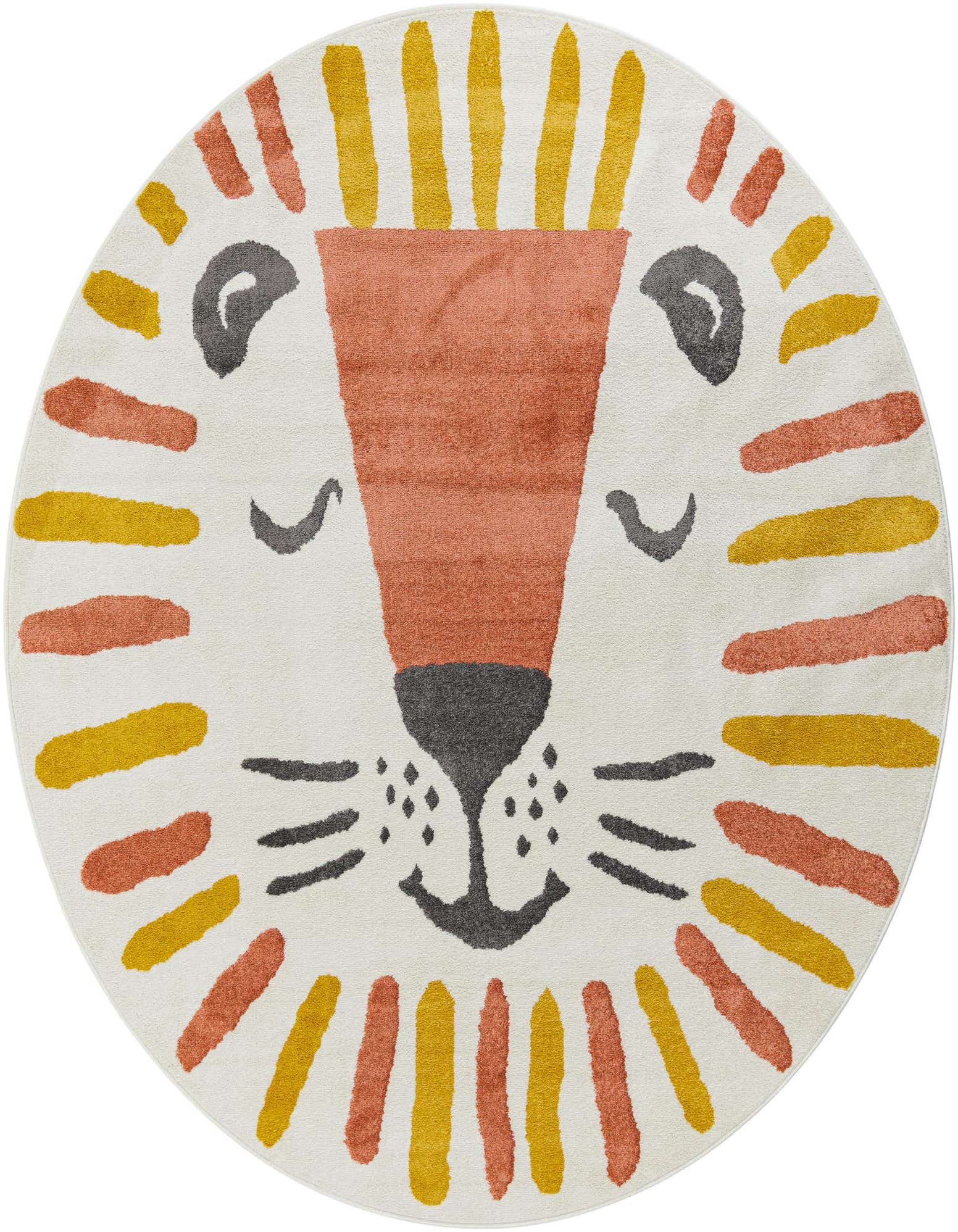 A round ivory rug featuring a friendly lion's face with a rust-colored nose, gray eyes and mouth, and a mane of gold and rust stripes.