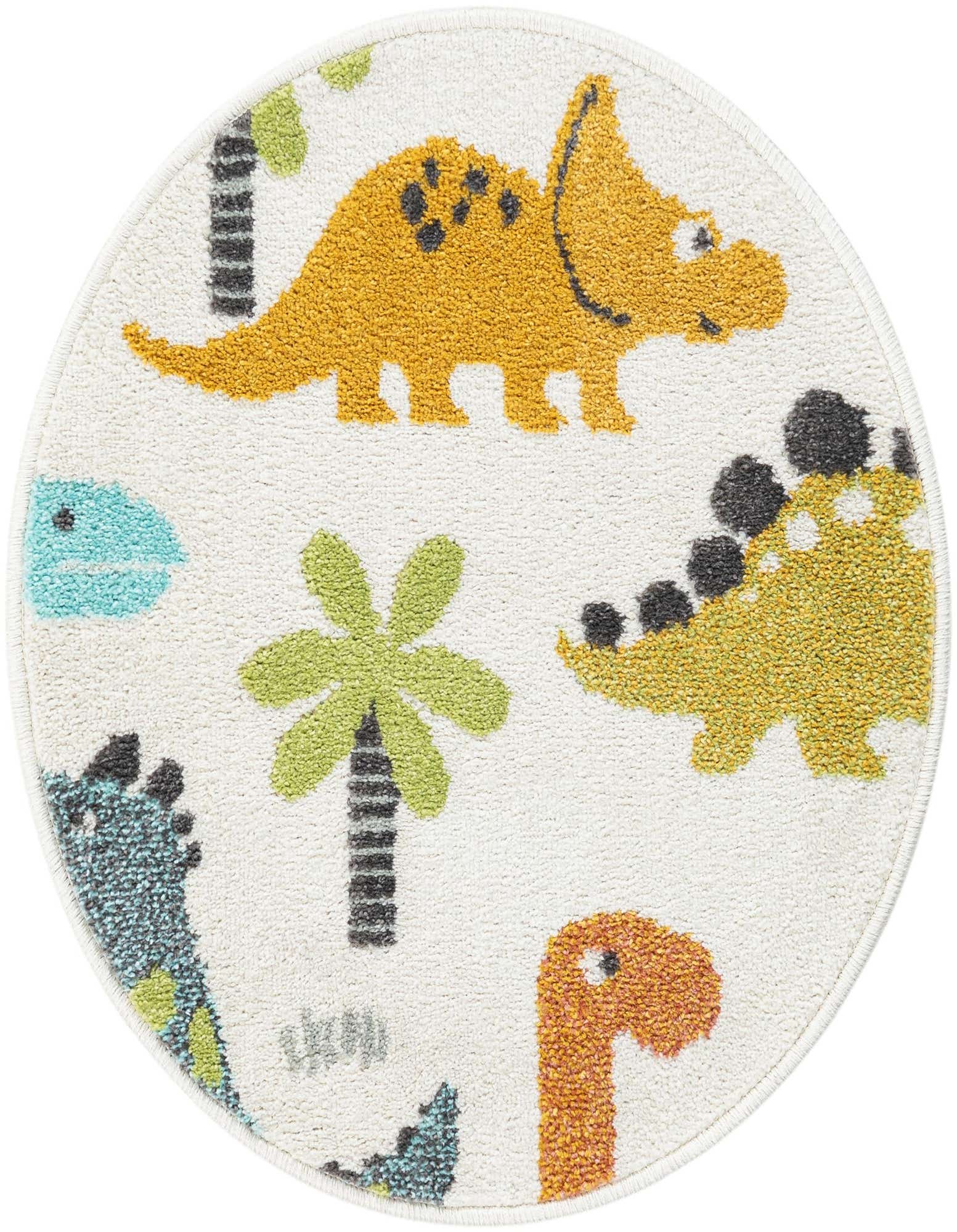A round ivory rug featuring colorful cartoon dinosaurs and palm trees, perfect for a kid's room.