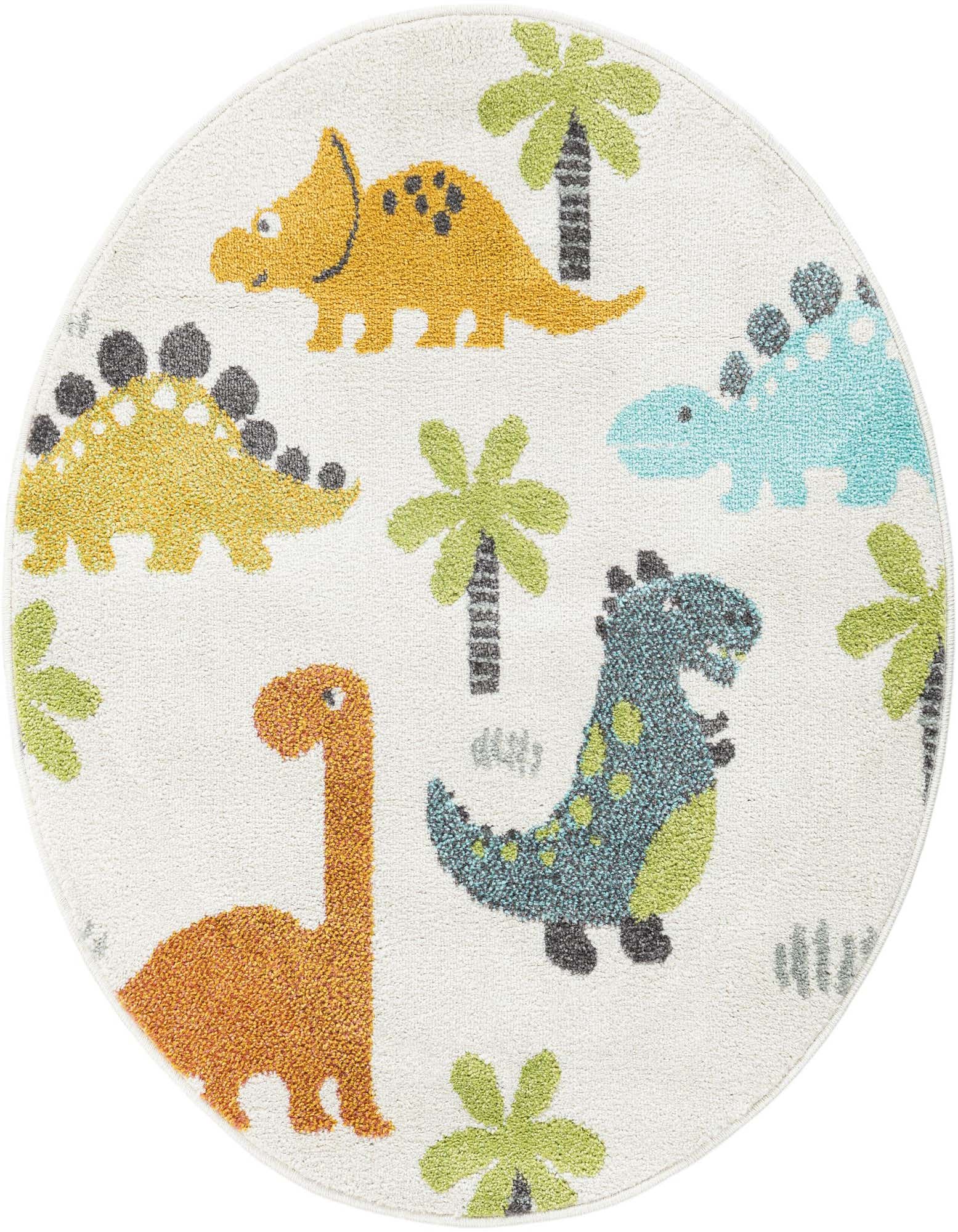 Round ivory rug with colorful cartoon dinosaurs and palm trees, perfect for a child's playroom.