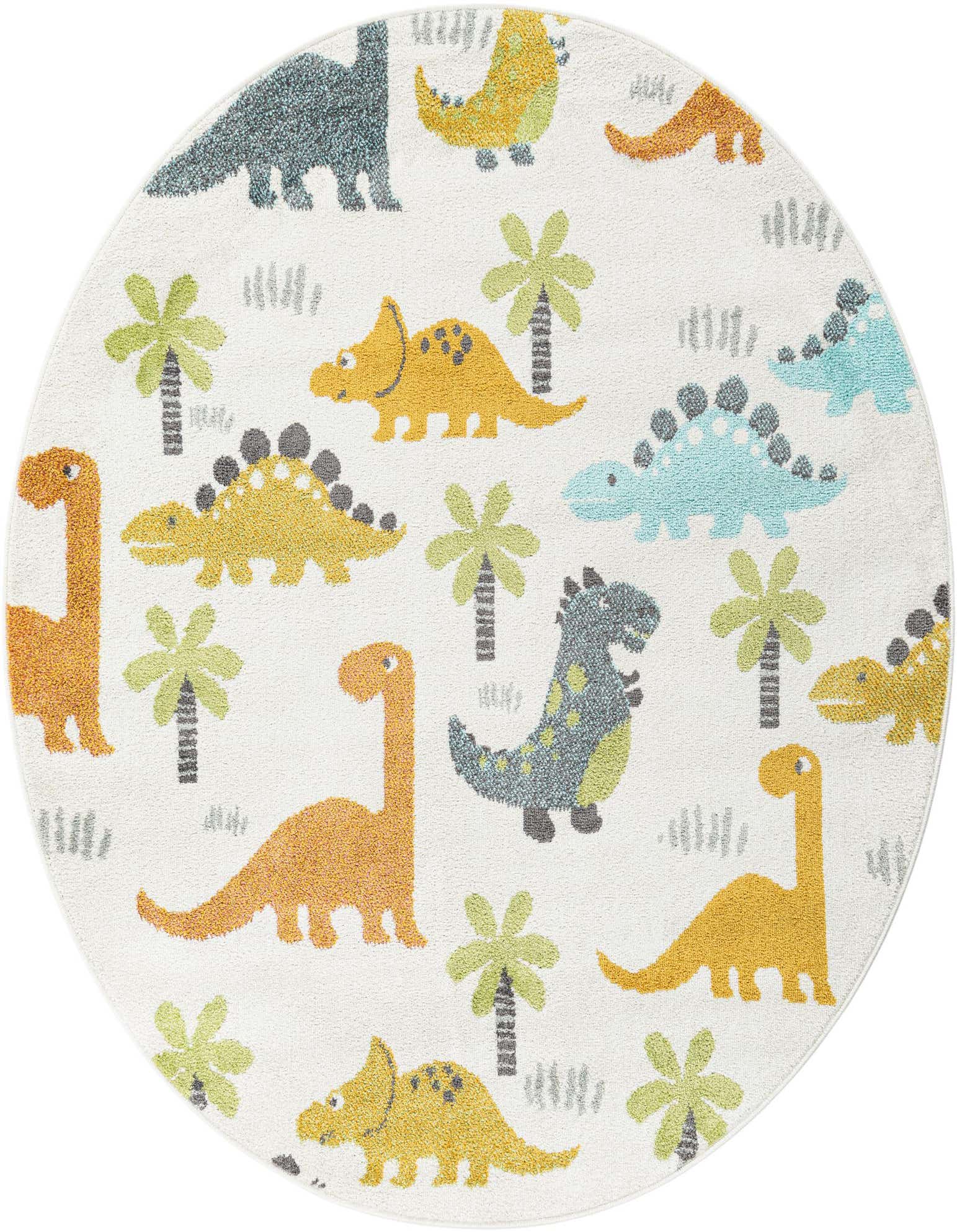 A round ivory rug with colorful dinosaurs and palm trees, perfect for a child's playroom or bedroom.