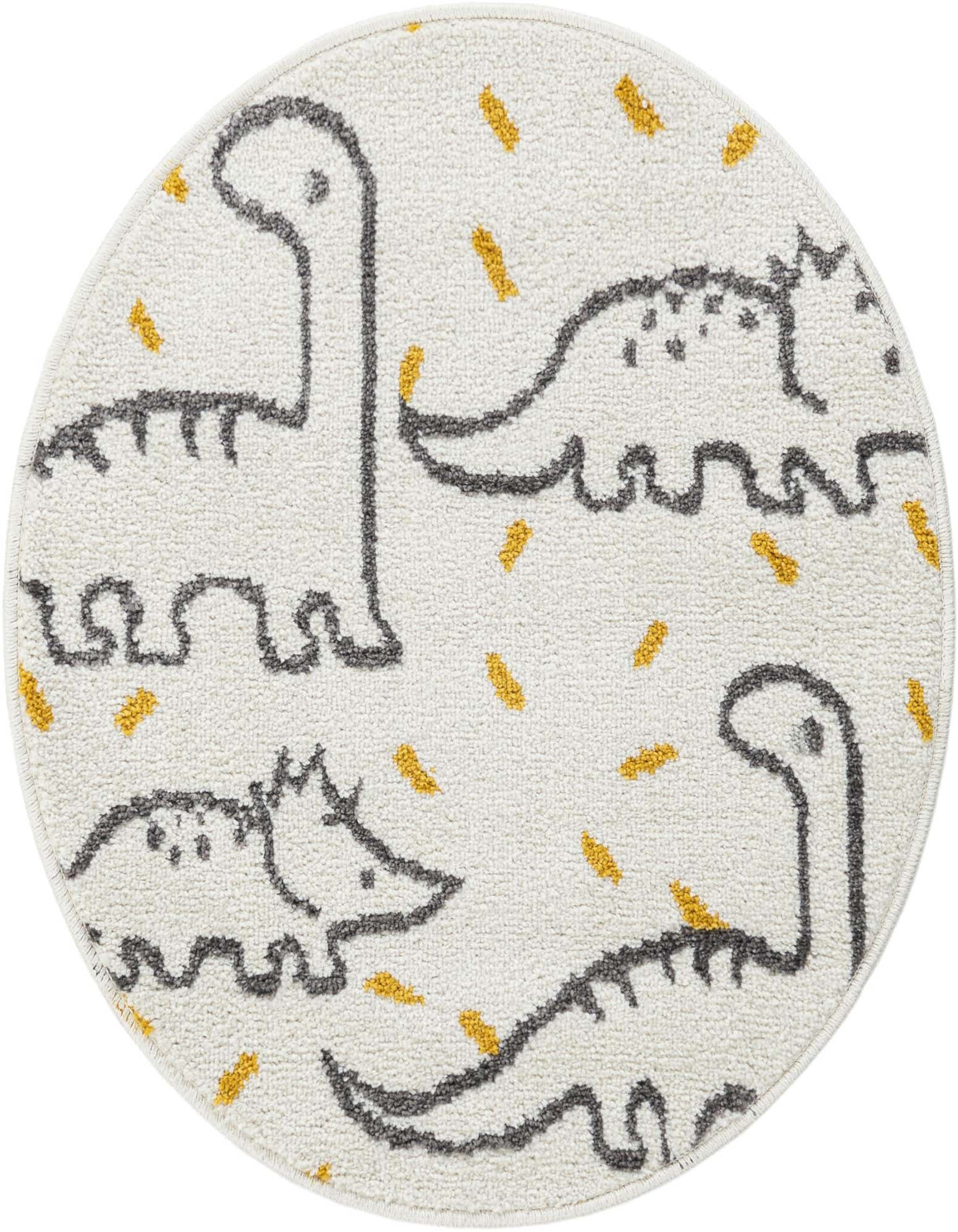 Round ivory rug with playful gray dinosaur outlines and scattered yellow dashes, perfect for a child's room.